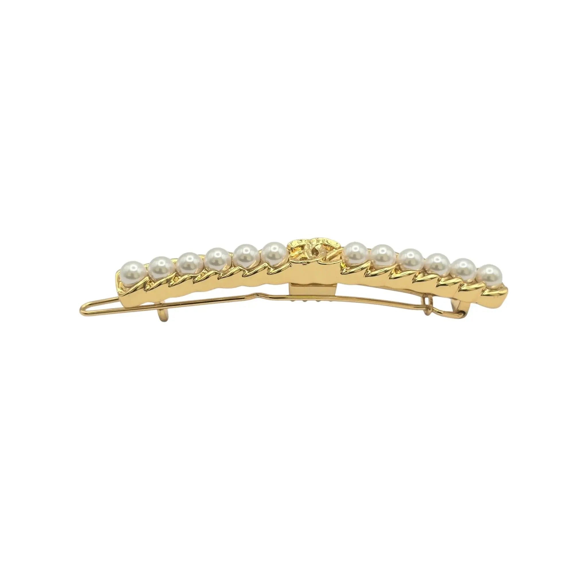 Chanel CC Faux Pearl Gold Hair Barrette Clip B23 CHANEL