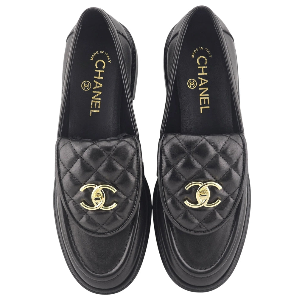 Chanel CC Lambskin Quilted Turnlock Loafers 39 Black CHANEL