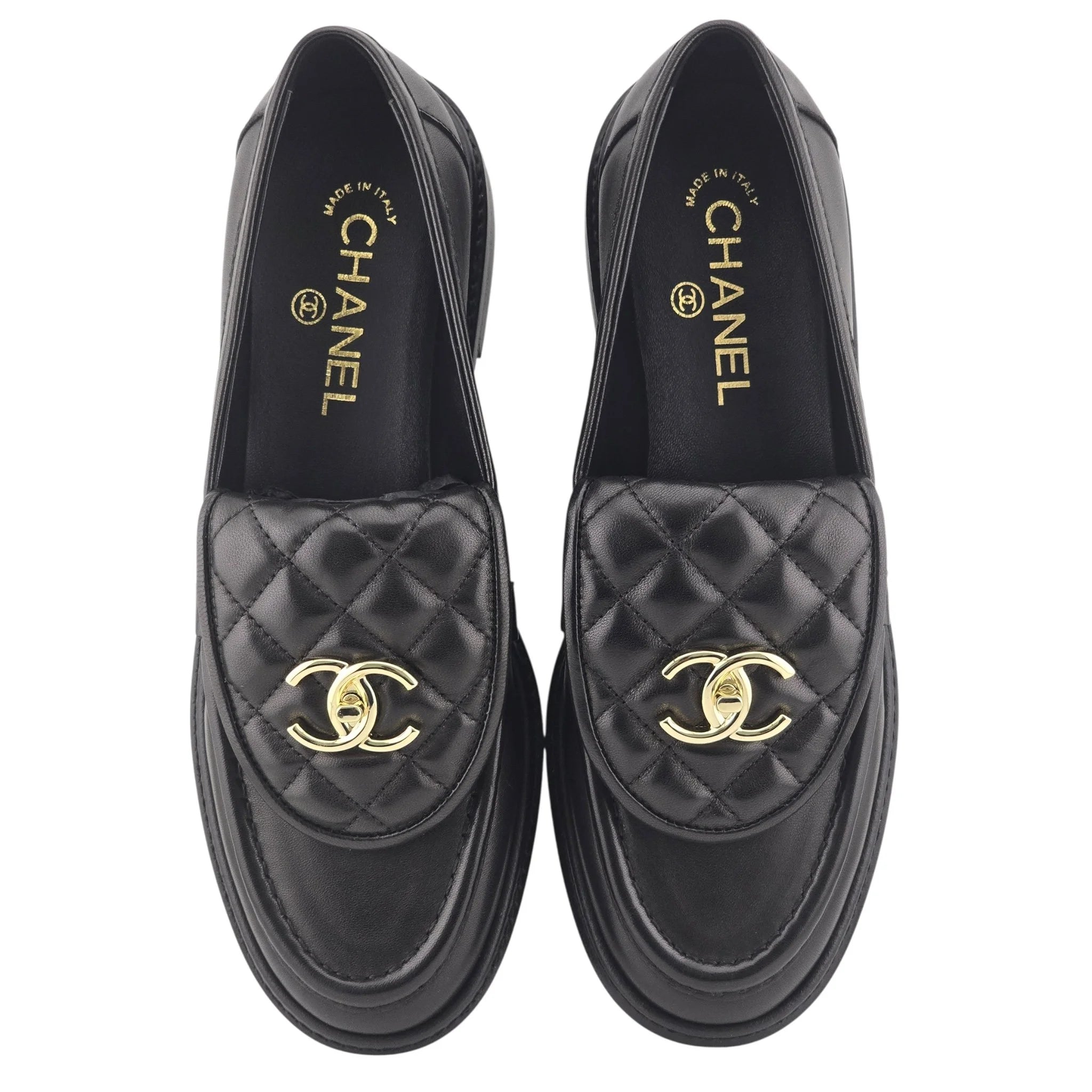 Chanel CC Lambskin Quilted Turnlock Loafers 39 Black CHANEL