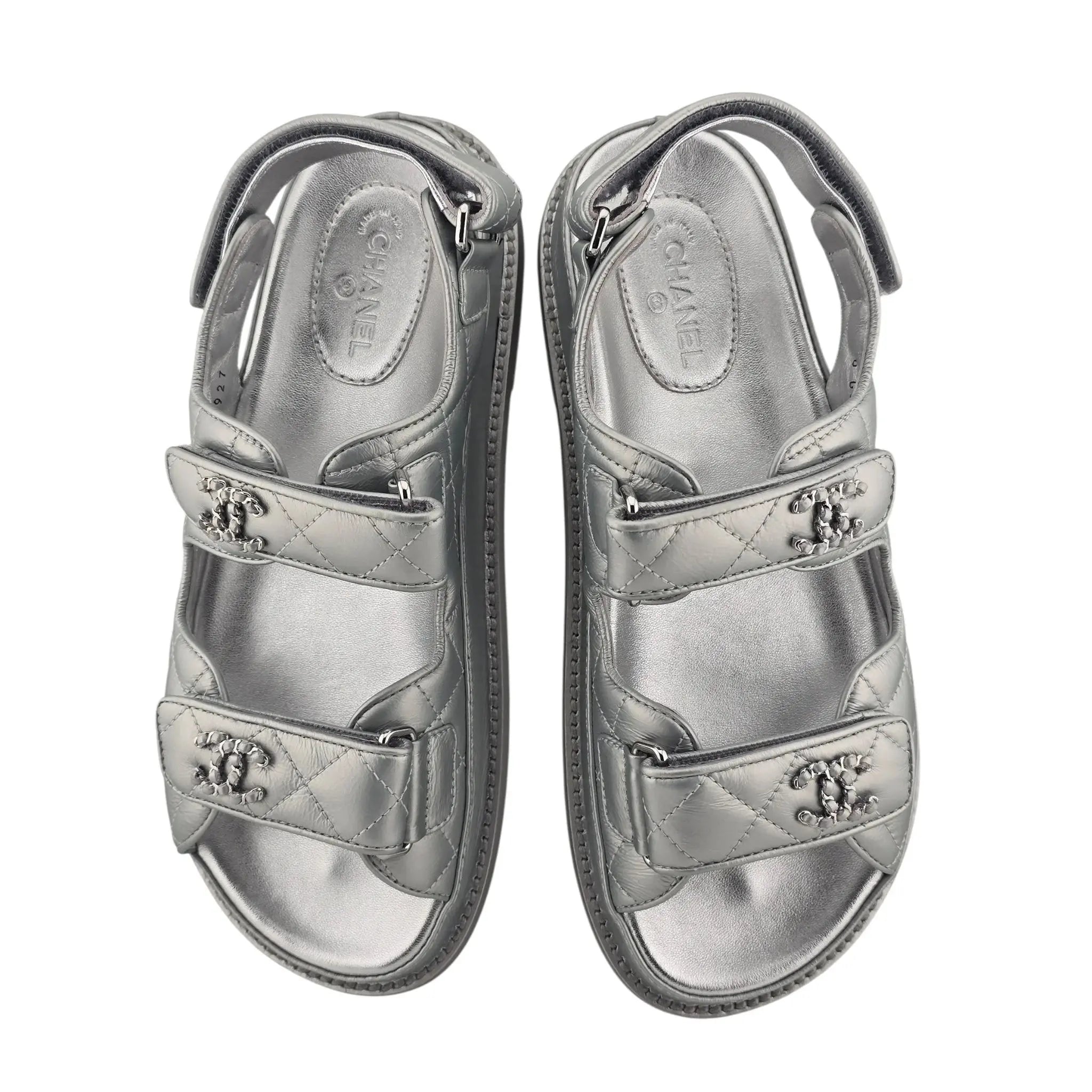Chanel CC Silver Metallic Leather Dad Sandals CHANEL