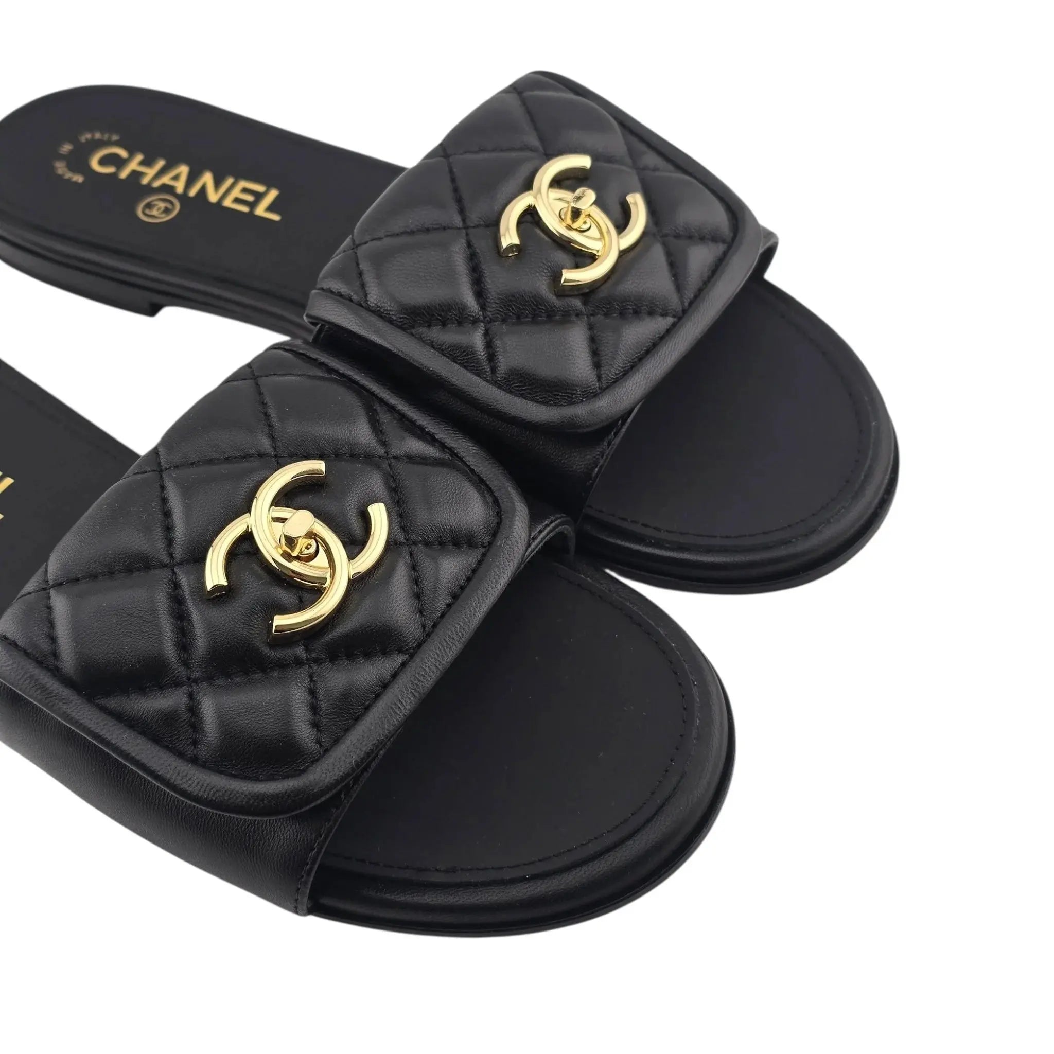 Chanel CC  Lambskin Quilted Turnlock Black Gold Sandals 39 CHANEL
