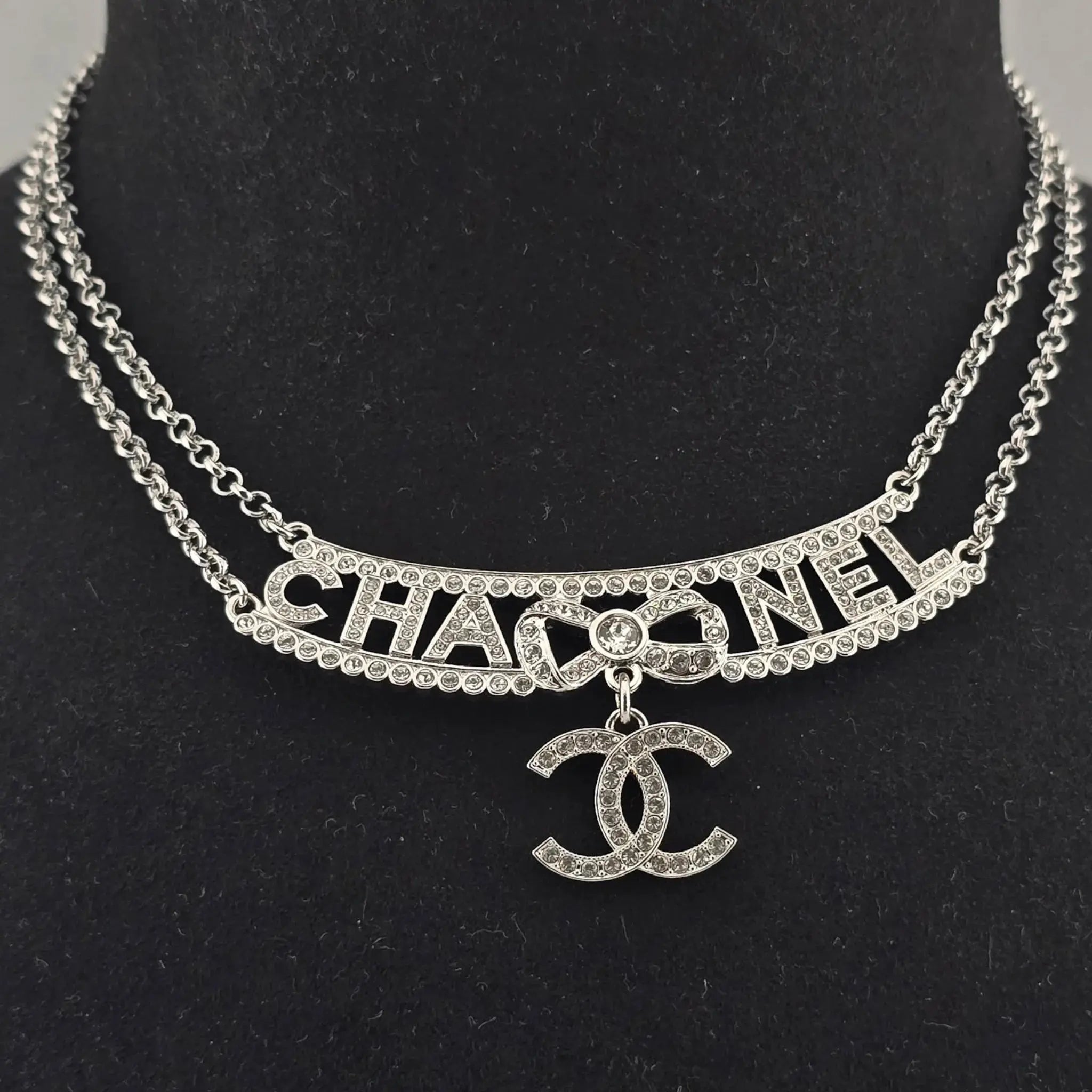 Chanel CC Silver Crystal Pendant Choker Necklace 2022 CHANEL