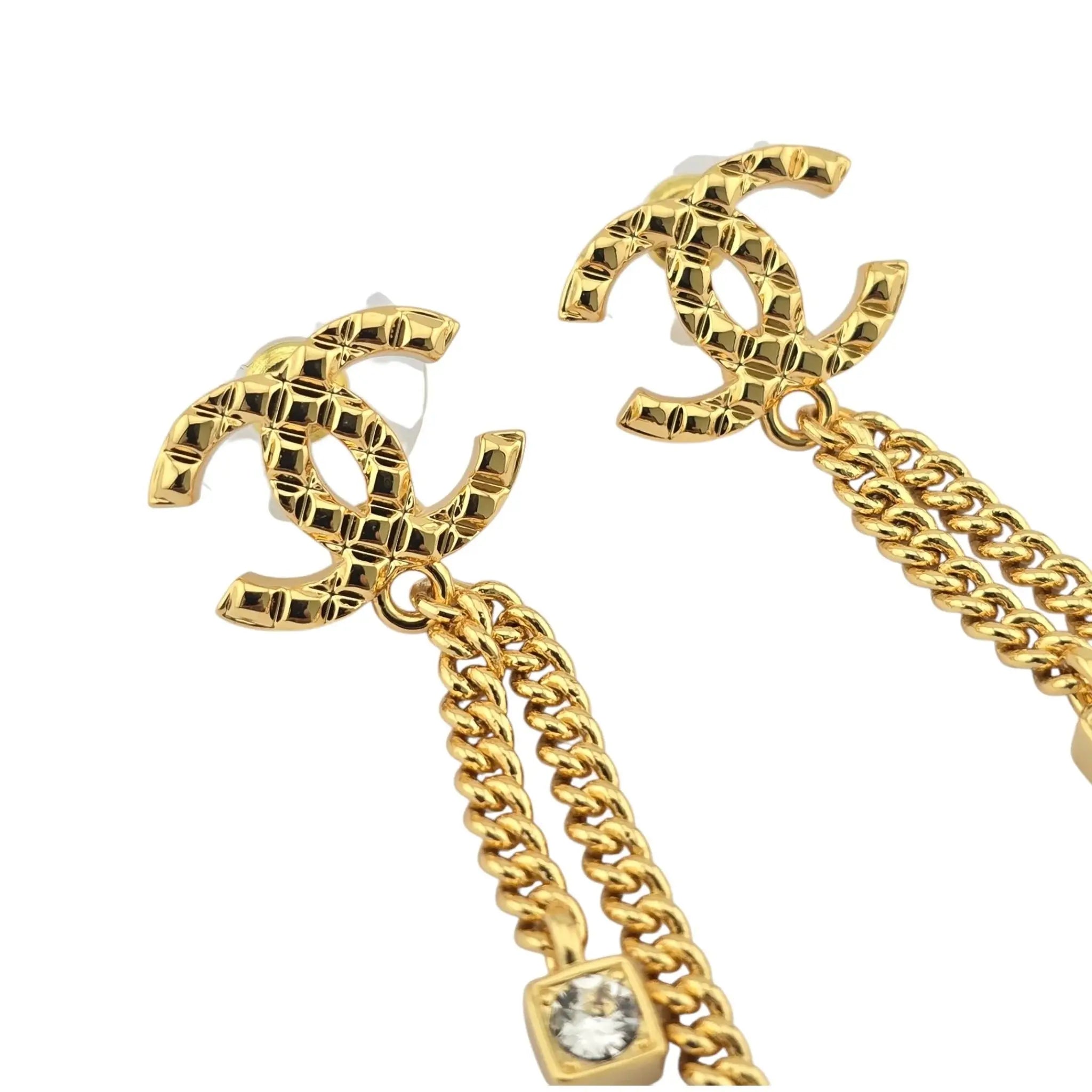 Chanel CC Crystal Pearl Quilted Chain Drop Earrings Gold CHANEL