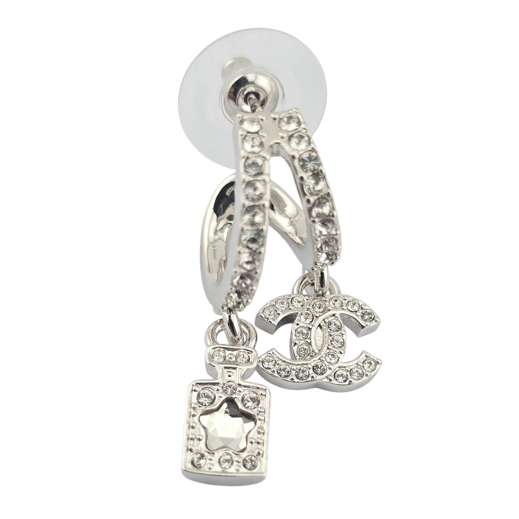 Chanel CC Silver Crystal Hoop Pendant Earrings 2025 CHANEL
