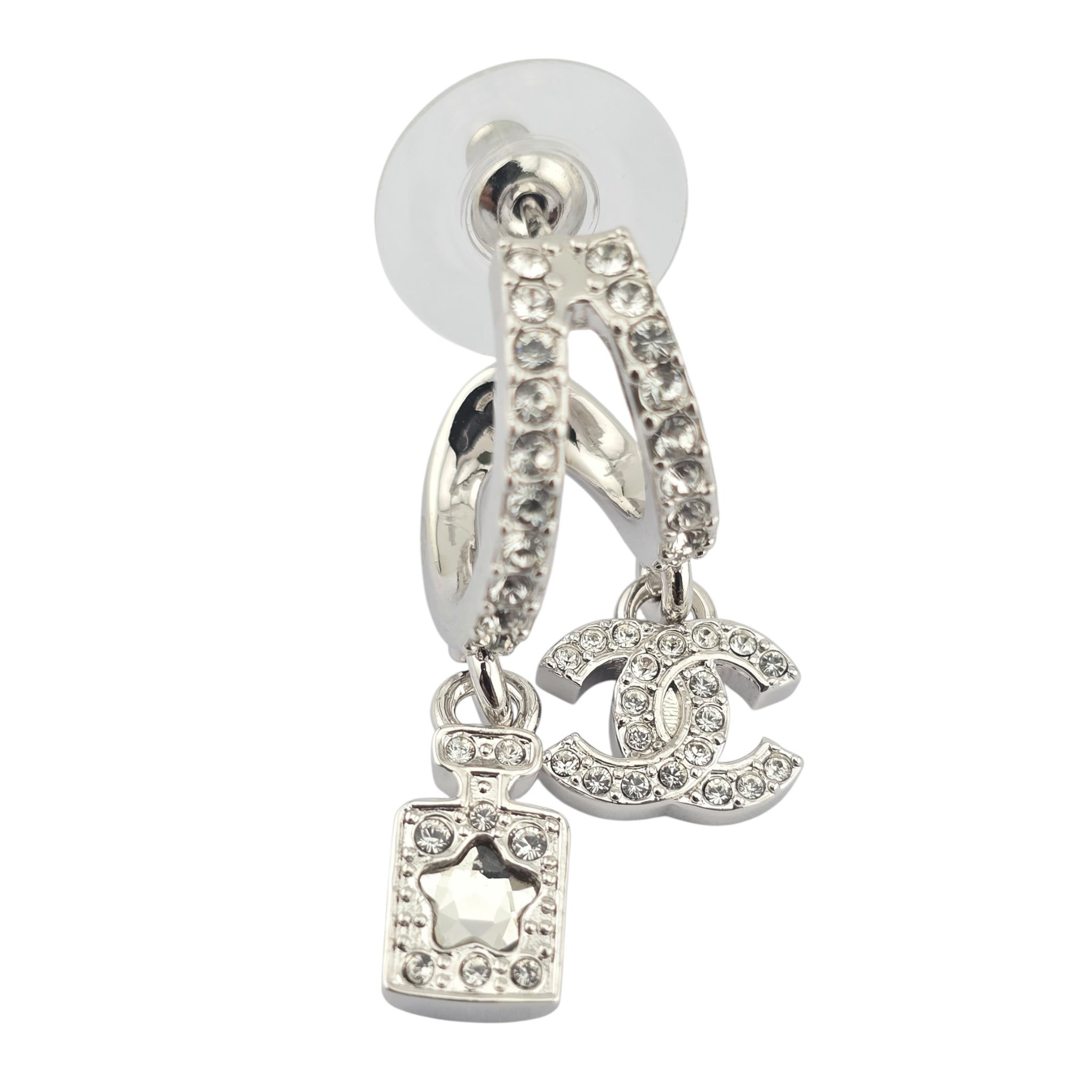 Chanel CC Silver Crystal Hoop Pendant Earrings 2025 CHANEL