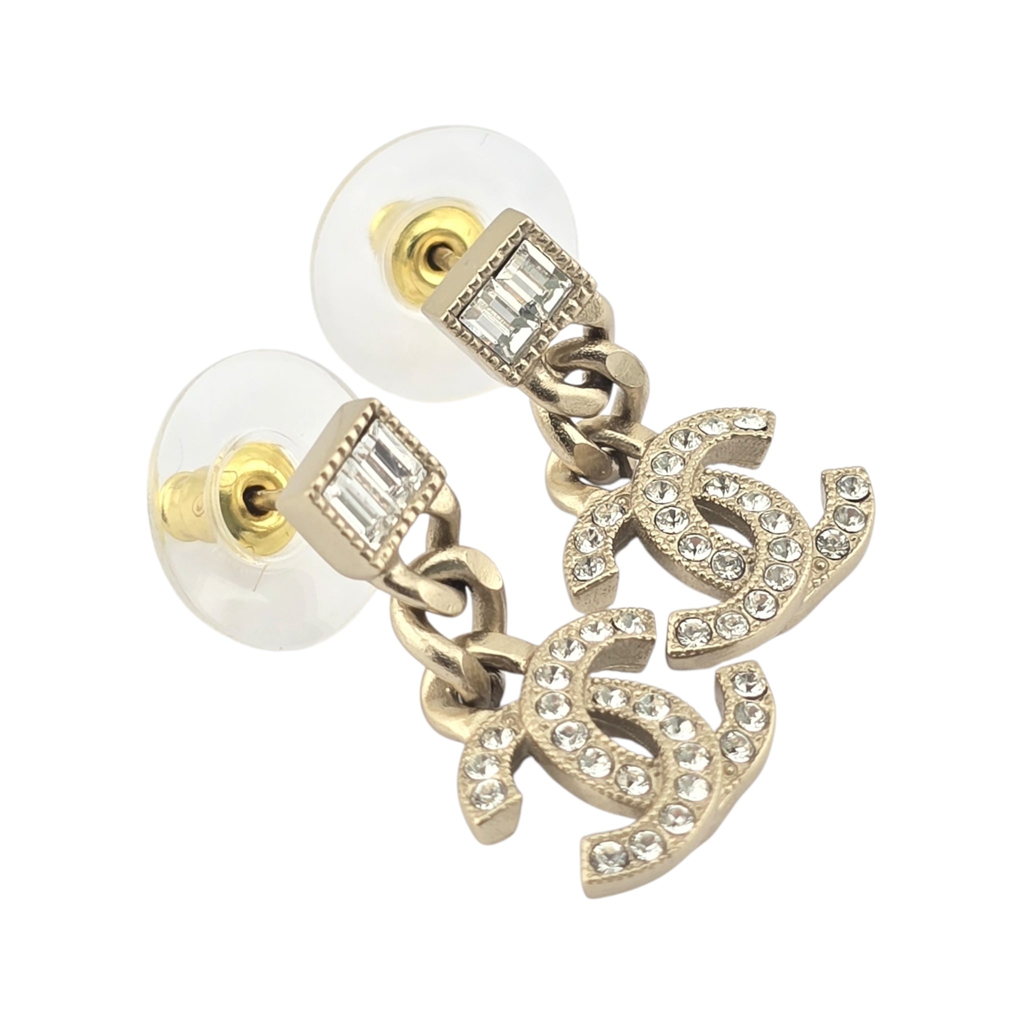 Chanel CC Metal Crystal Baguette Chain Drop Earrings Gold CHANEL
