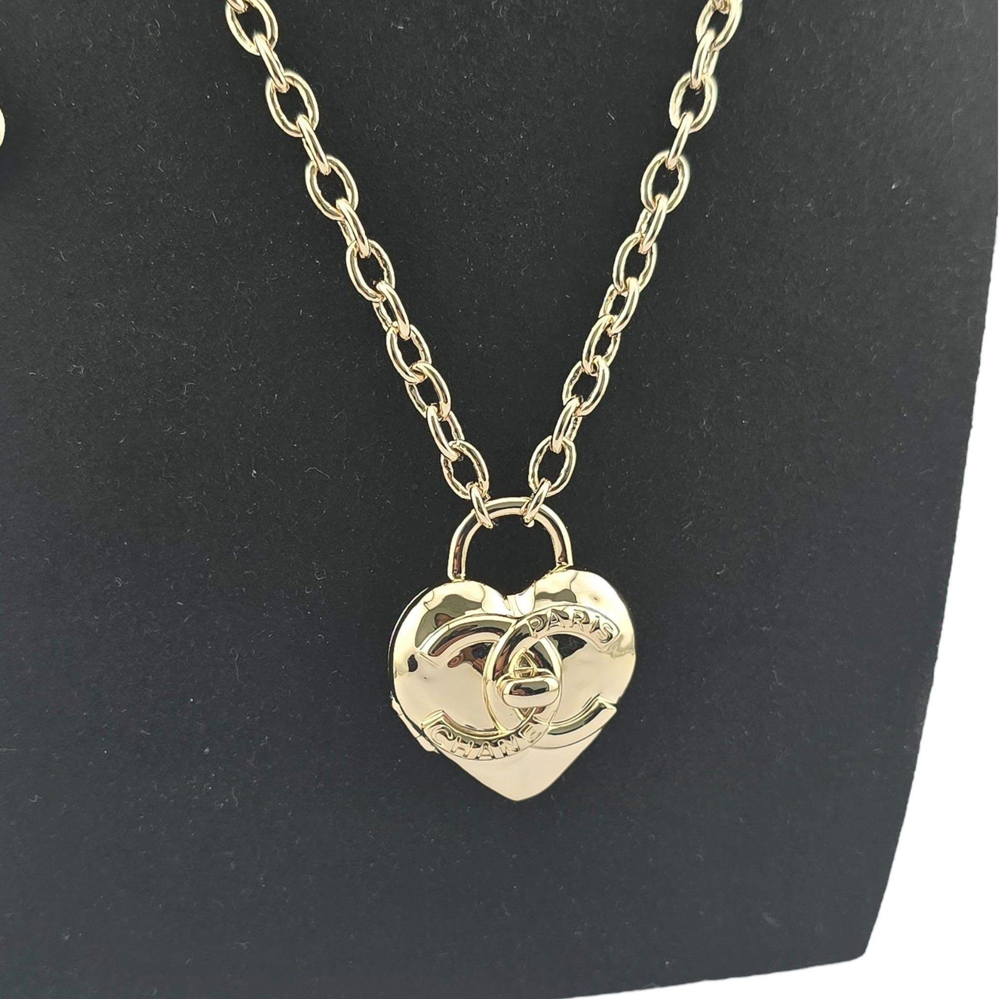 Chanel CC Metal Turnlock Heart Locket Necklace Gold CHANEL