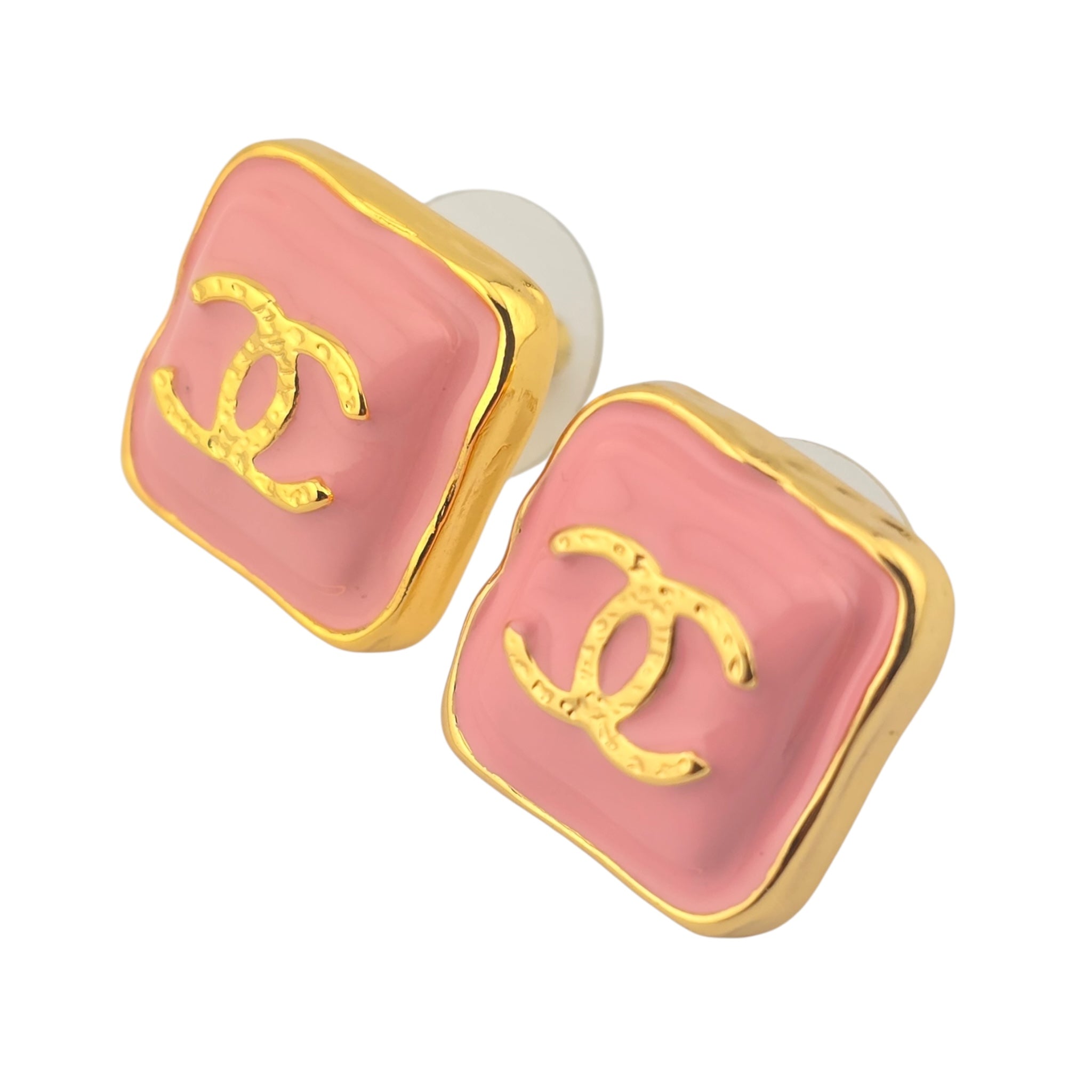 Chanel CC Resin Pink Gold Square Earring 2023 CHANEL