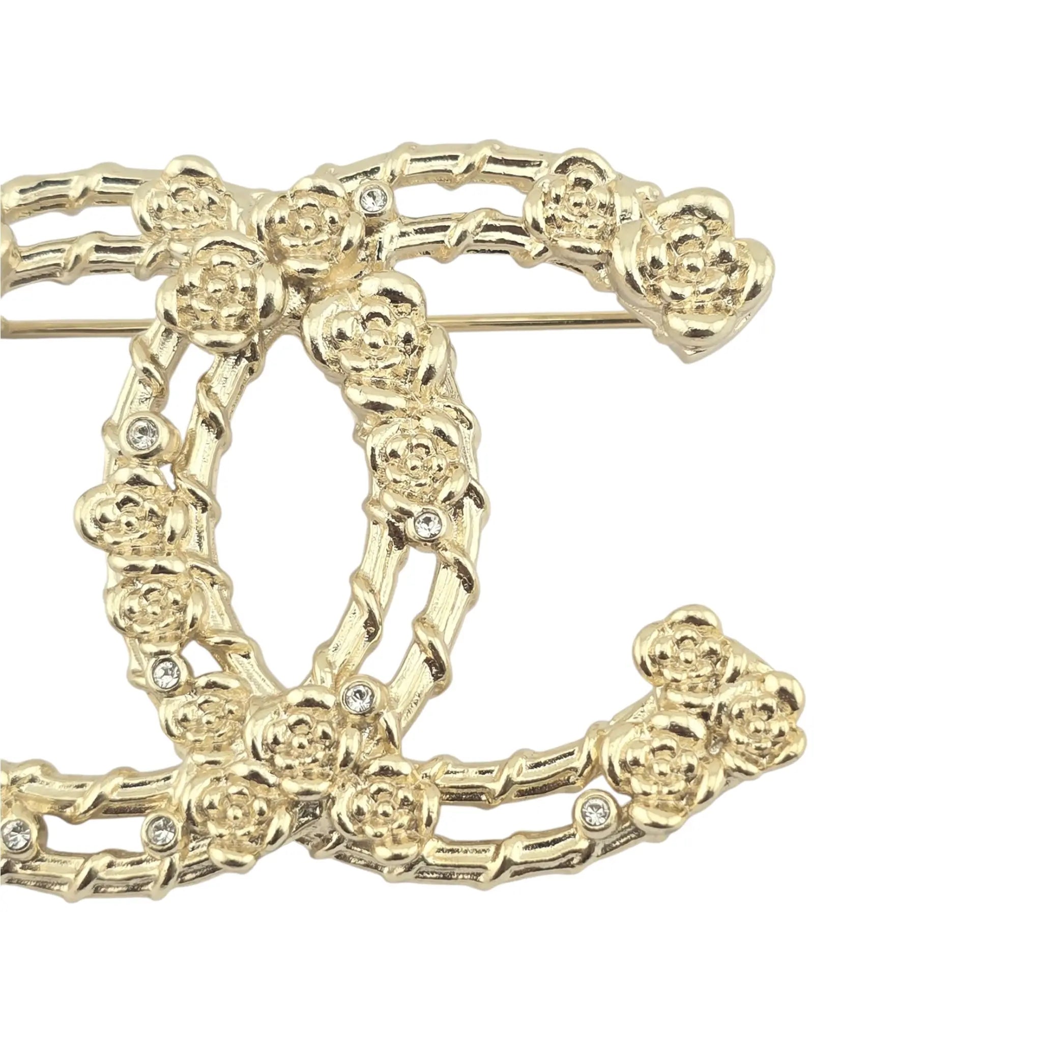 Chanel CC Metal Crystal Camellia Brooch Light Gold CHANEL