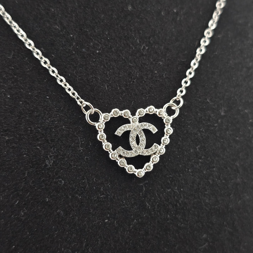 Chanel CC Crystal Heart Silver Necklace