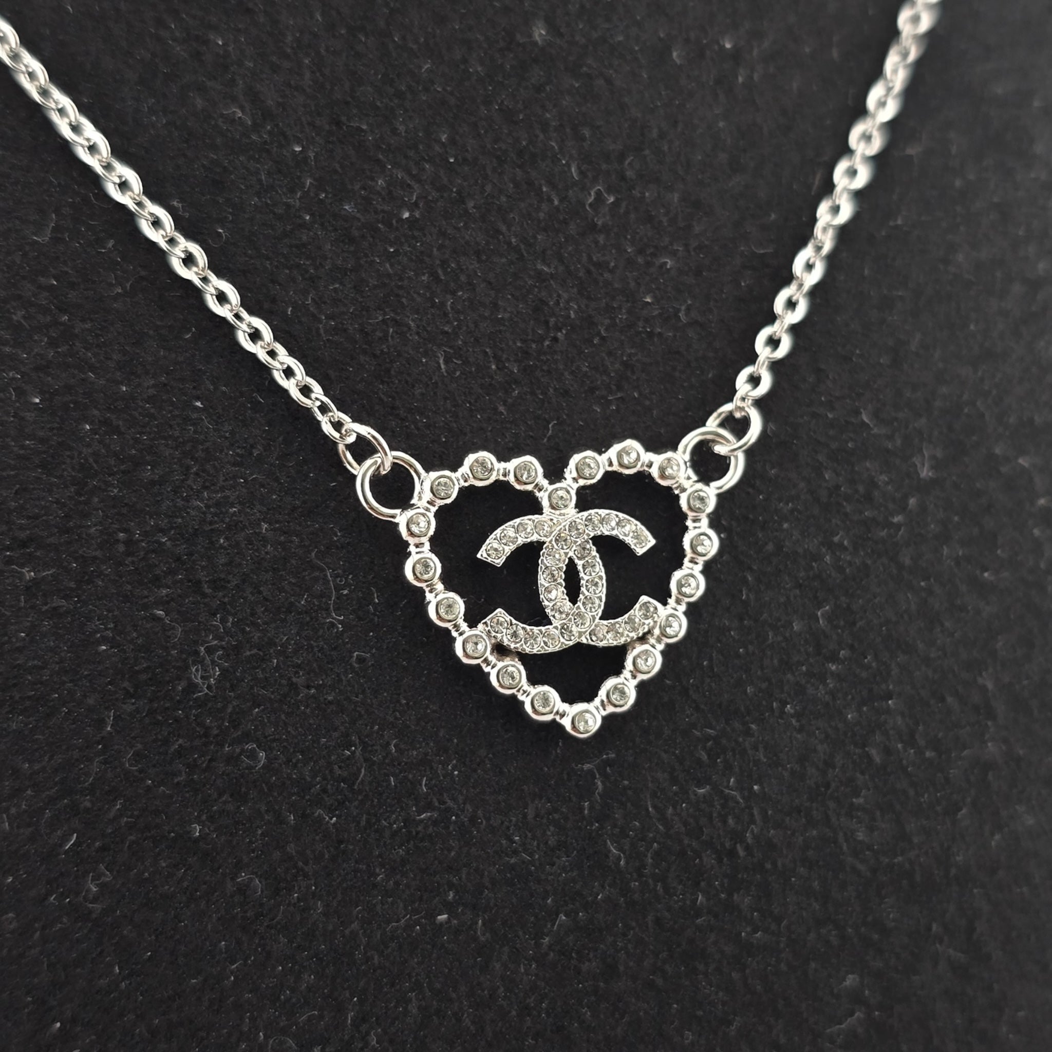 Chanel CC Crystal Heart Silver Necklace