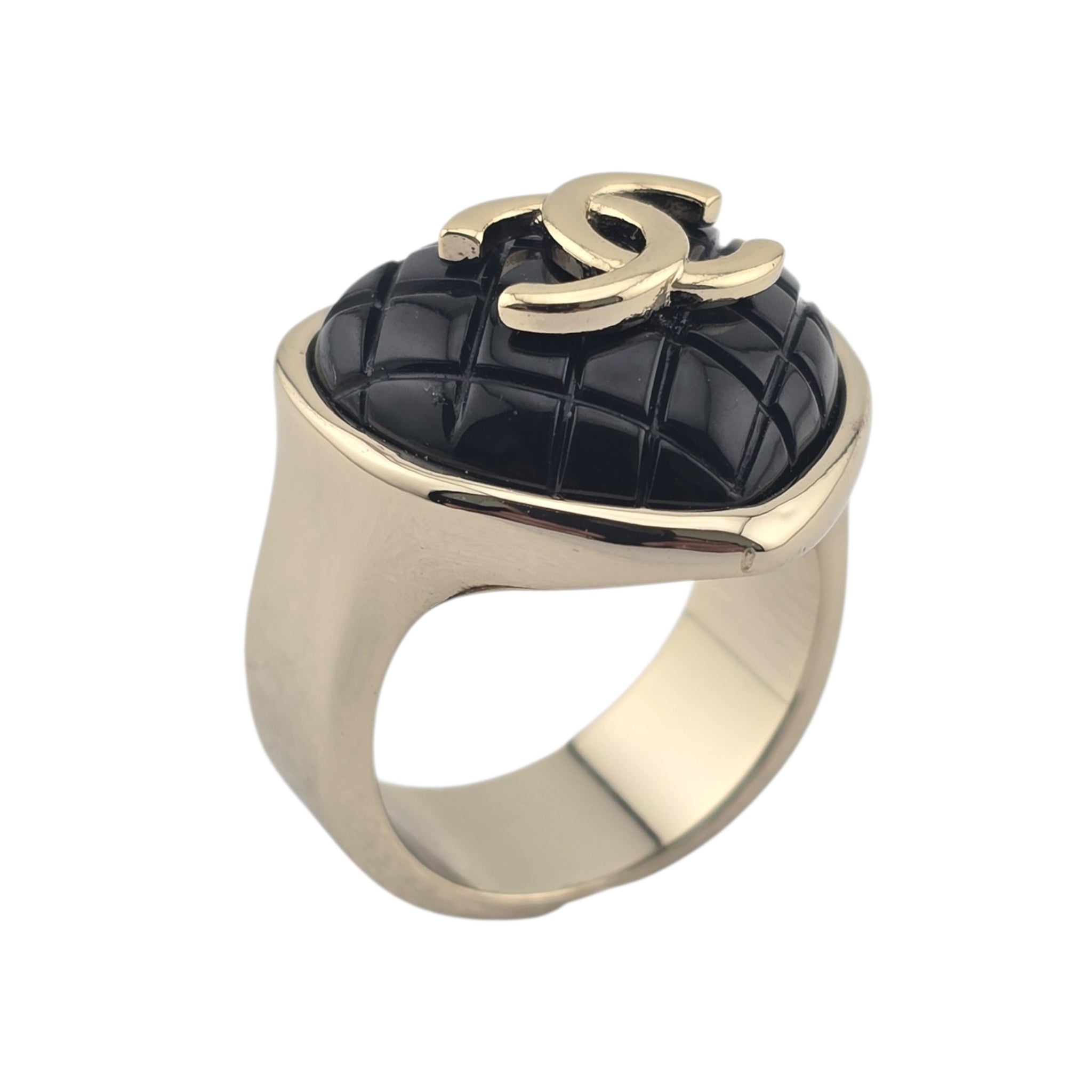 Chanel CC Resin Quilted Heart Ring Gold Black CHANEL