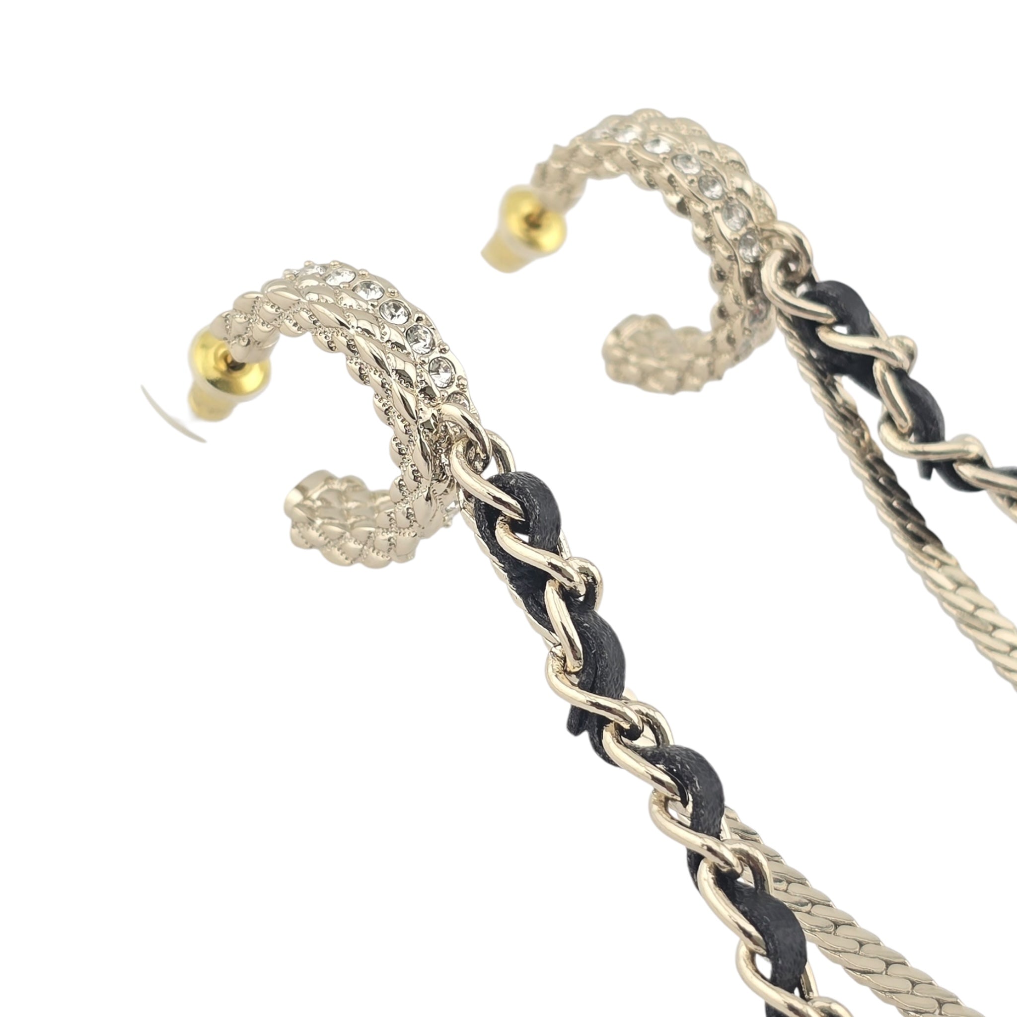 Chanel CC Leather Gold Crystal Earrings 2022