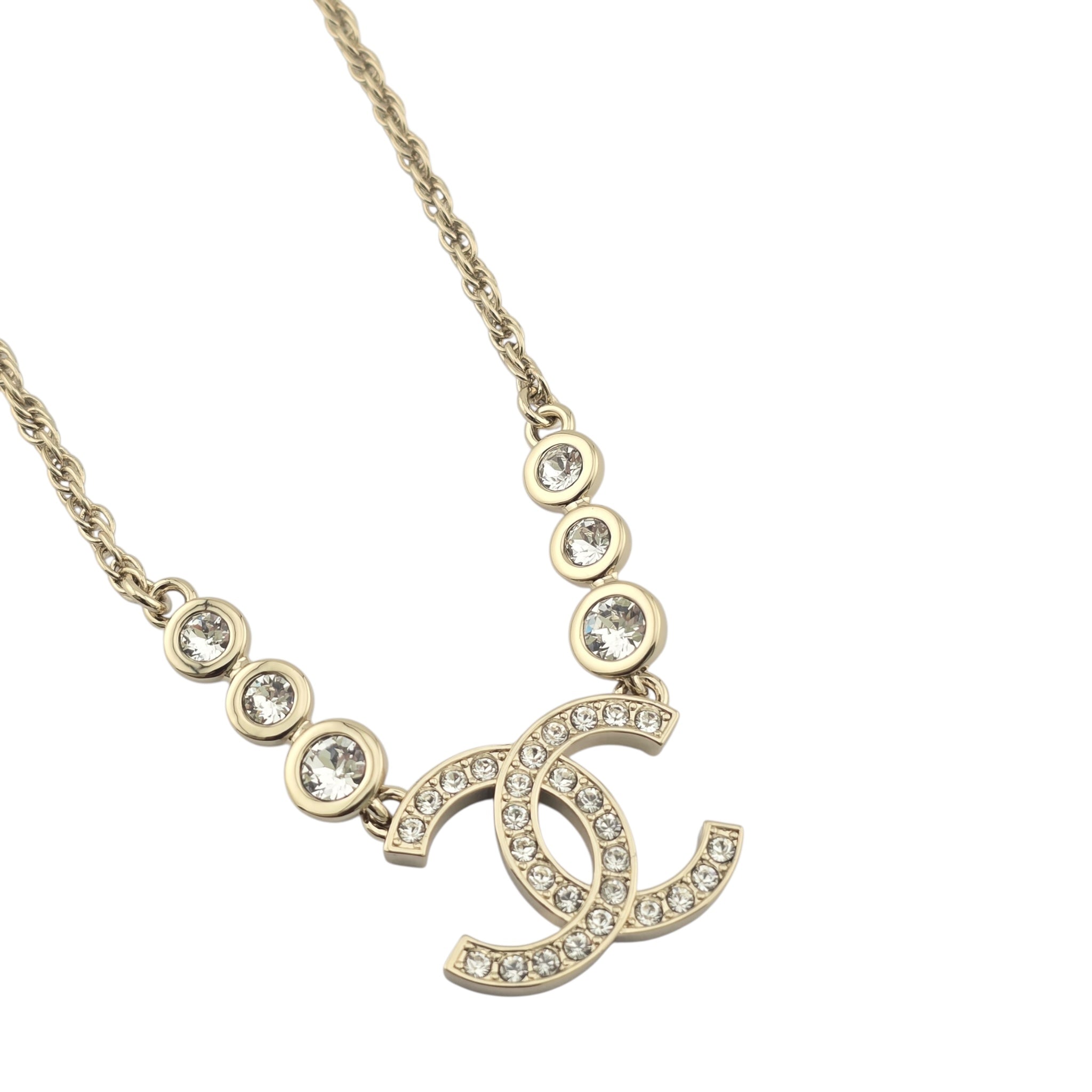 Chanel CC Metal Crystal Link Pendant Necklace Gold 2025 CHANEL