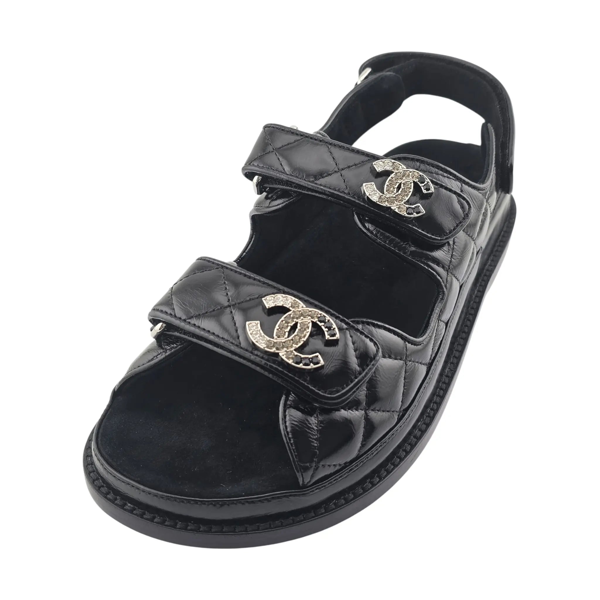 Chanel CC Dad Black Crystal Quilt Sandals 39 CHANEL