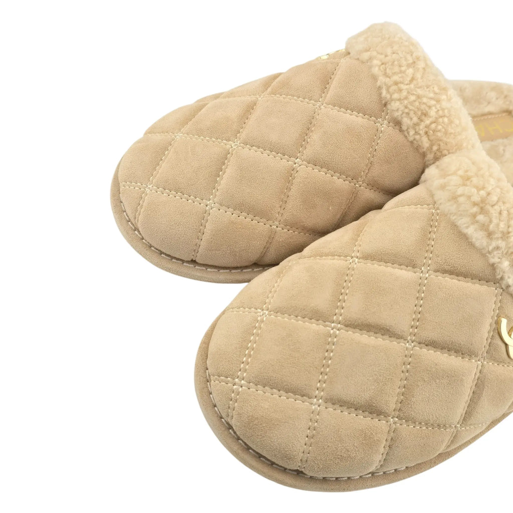 Chanel CC Suede Shearling Mule Slippers 39 UK6 CHANEL