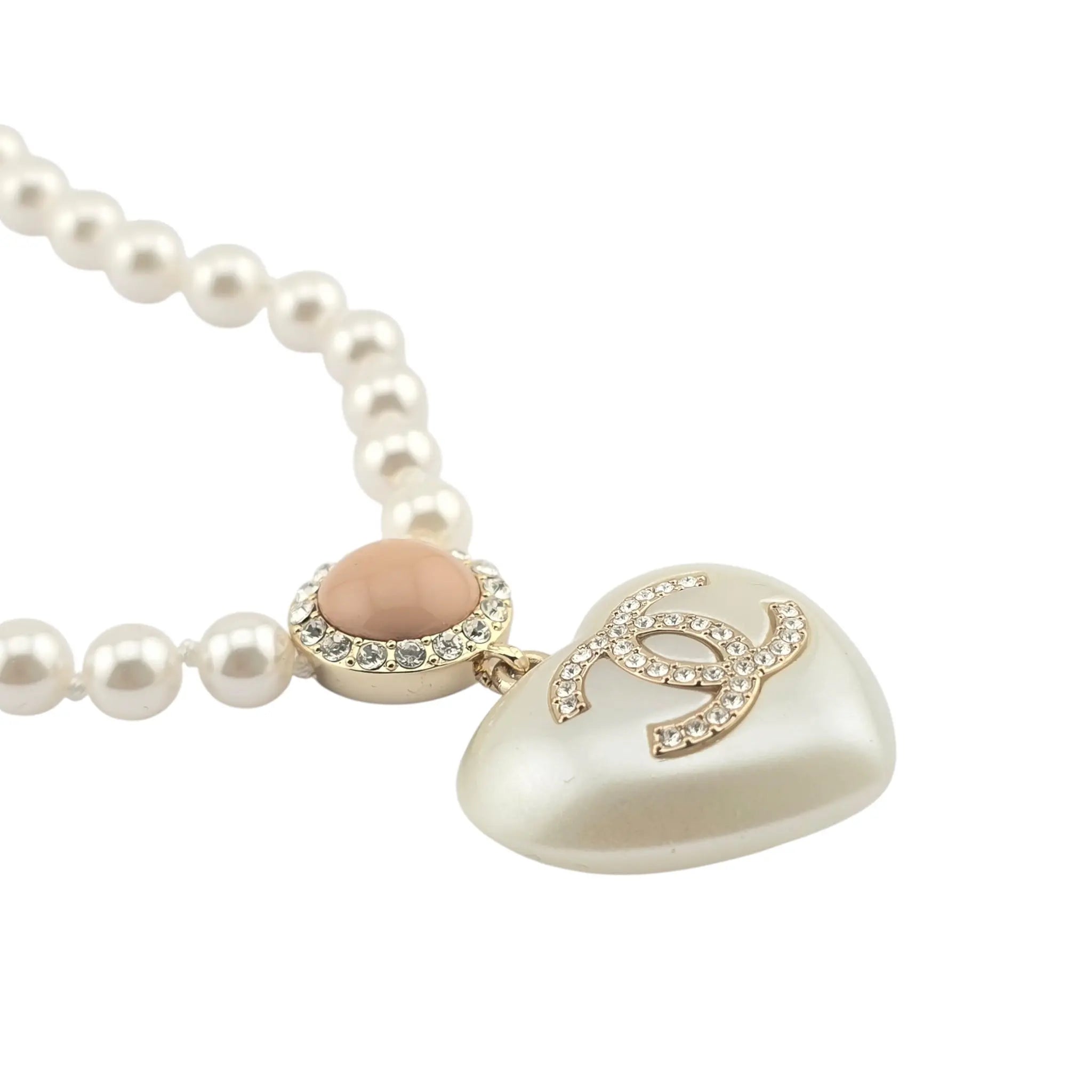 Chanel CC Pearl Crystal Heart Gold Short Necklace 2021 CHANEL
