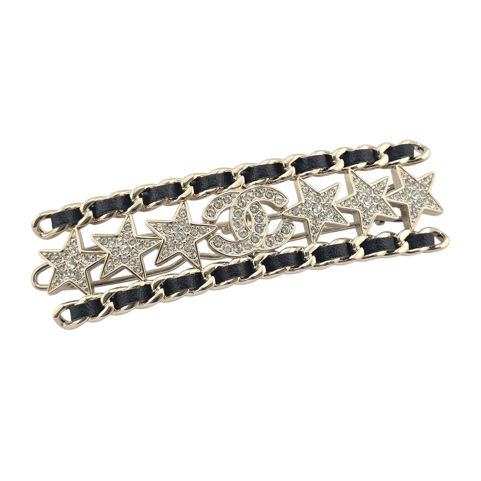 Chanel CC Black Leather Crystal Hair Barrette Clip B23