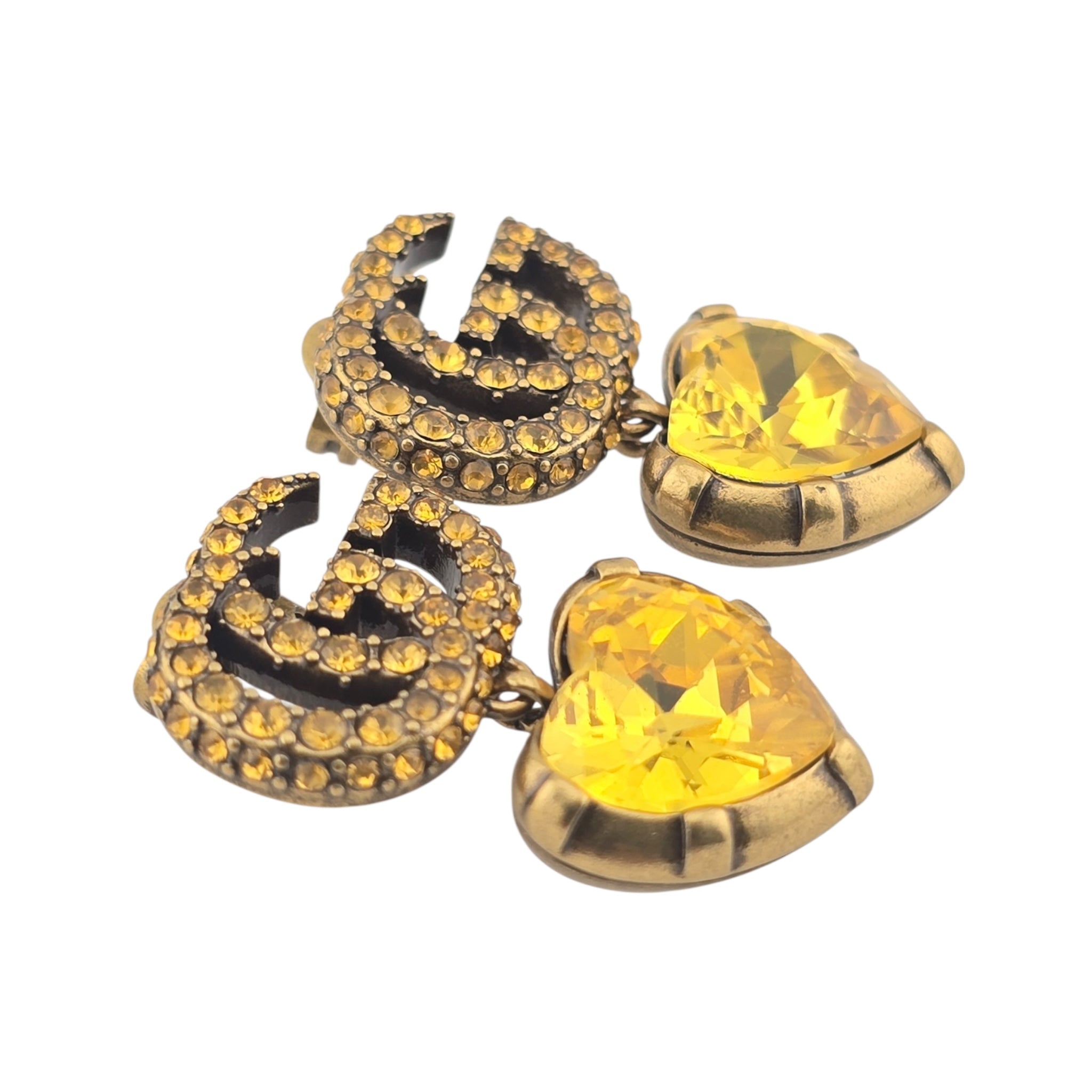 GUCCI GG Yellow Heart Crystal Drop Earrings