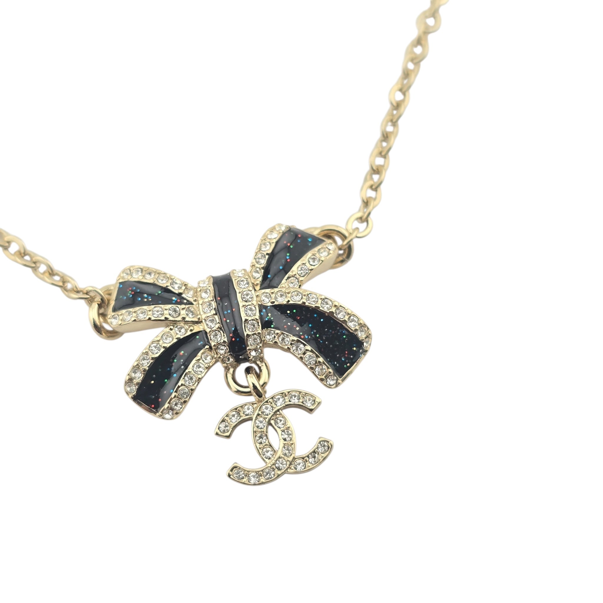 Chanel CC Gold Crystal Enamel Bow Necklace 2025