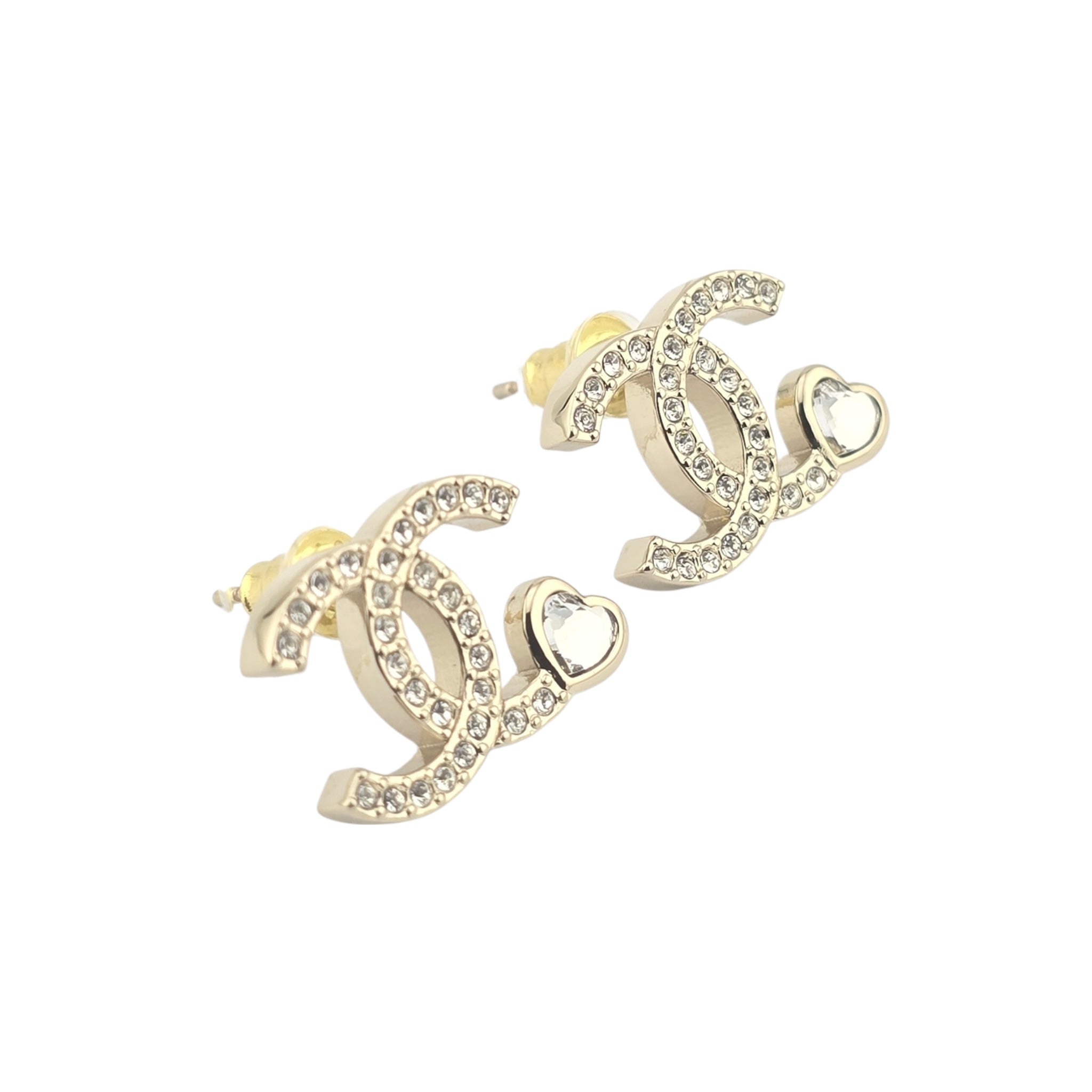 Chanel CC Gold Crystal Heart Stud Earrings 2025