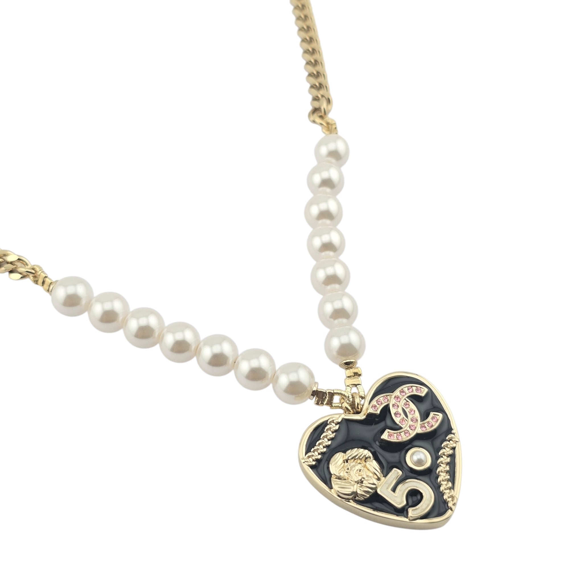Chanel CC Black Enamel Heart Necklace 2024