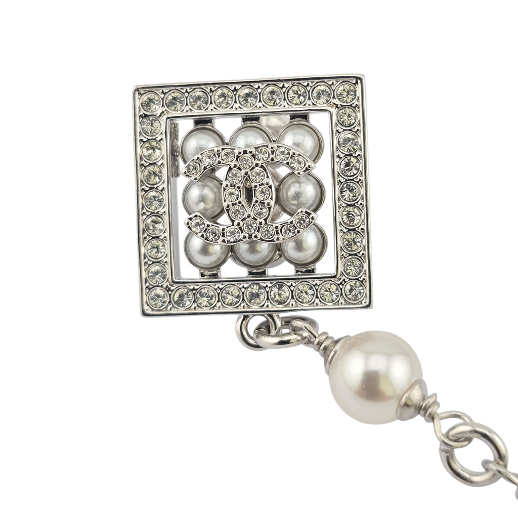 Chanel CC Silver Faux Pearl Drop Earrings 2024