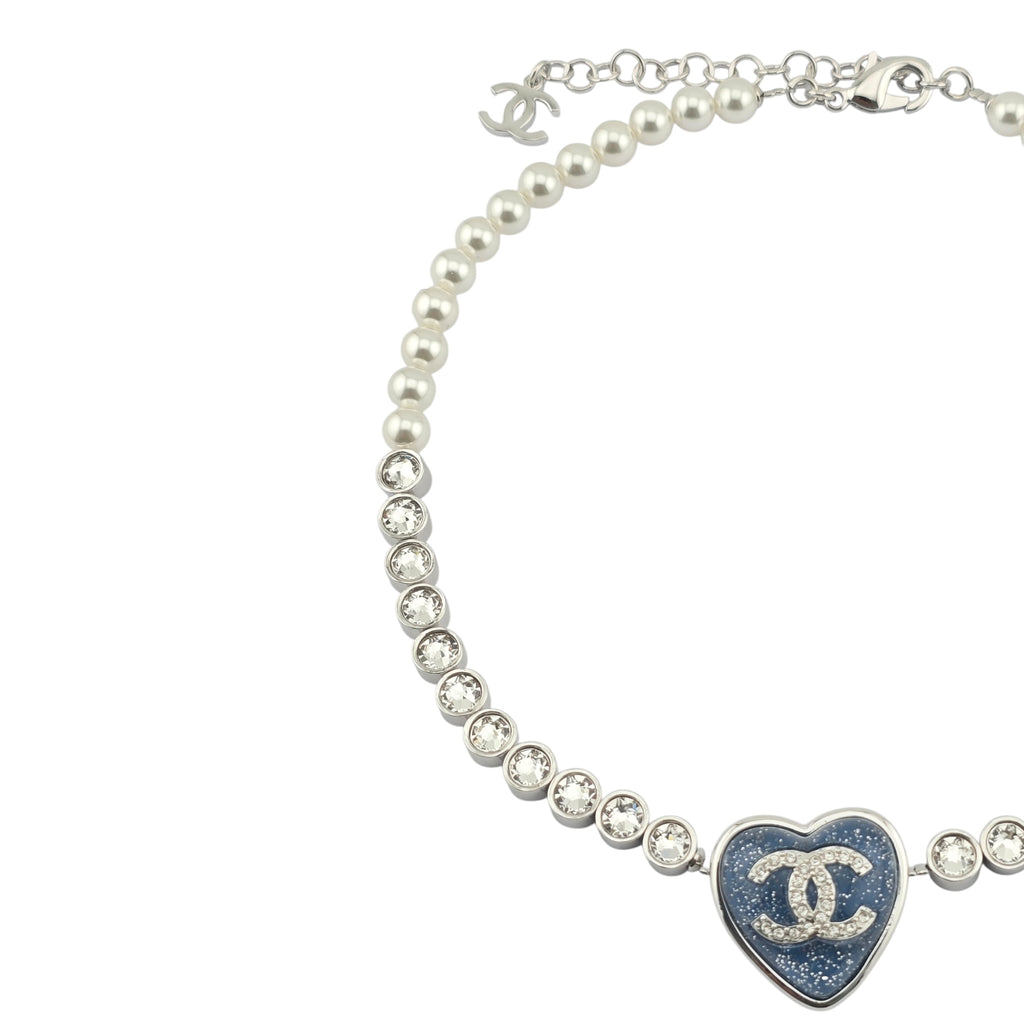 Chanel CC Faux Pearl Crystal Blue Heart Necklace 2025