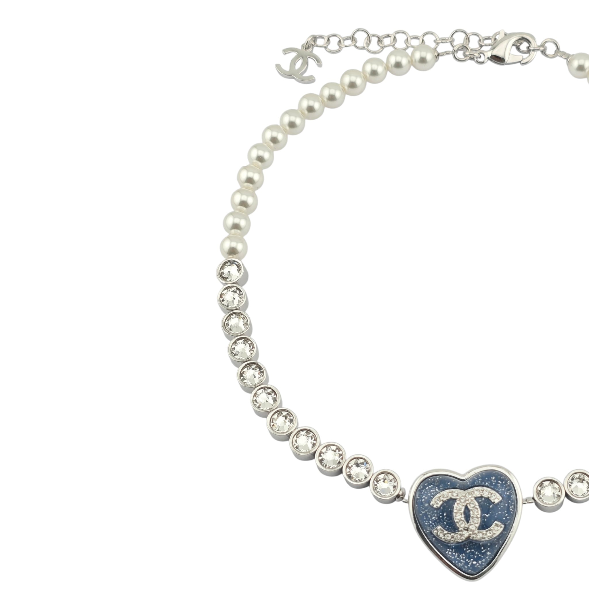 Chanel CC Faux Pearl Crystal Blue Heart Necklace 2025