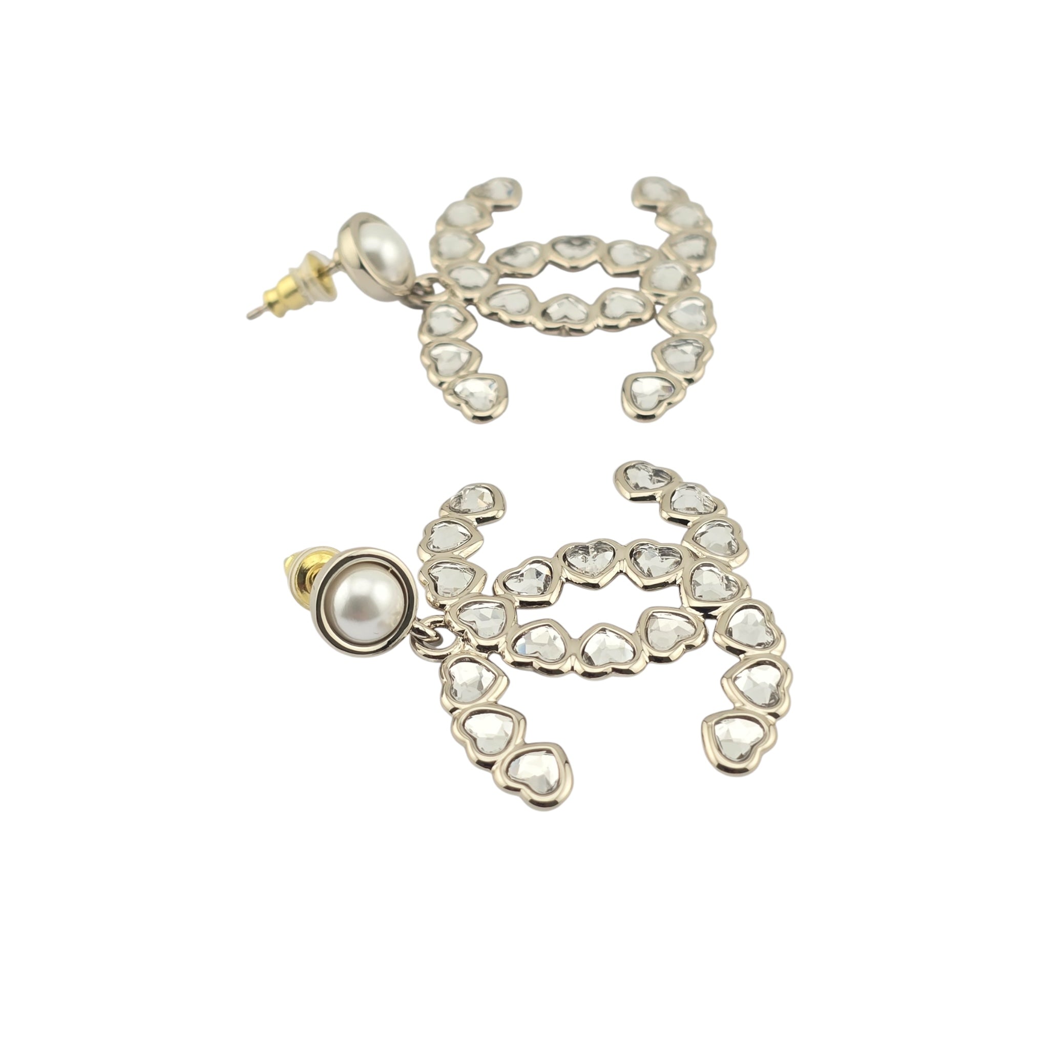 Chanel CC Pearl Crystal Heart Drop Earrings Gold 2025