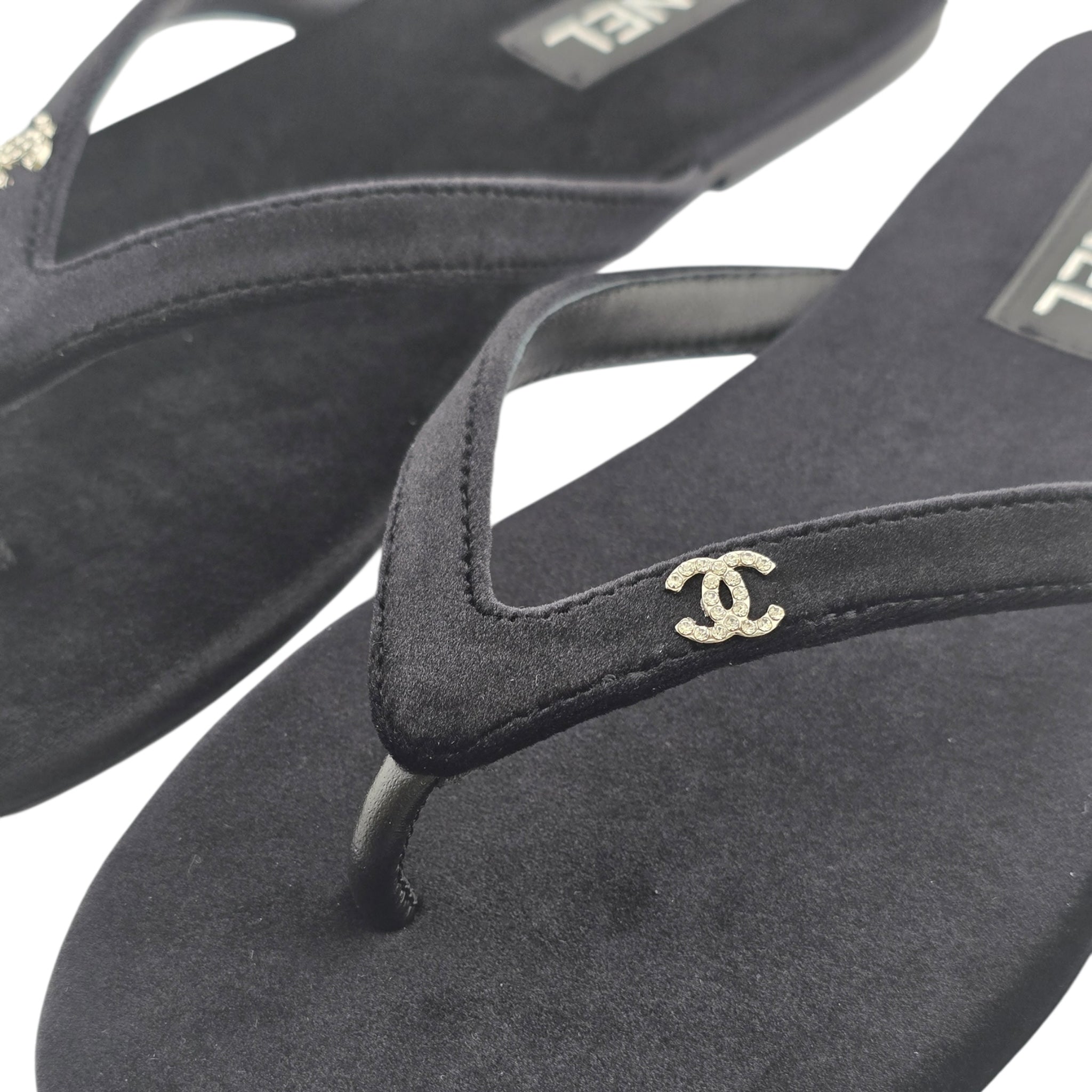 Chanel CC Black Velvet Crystal Thong Sandals 39