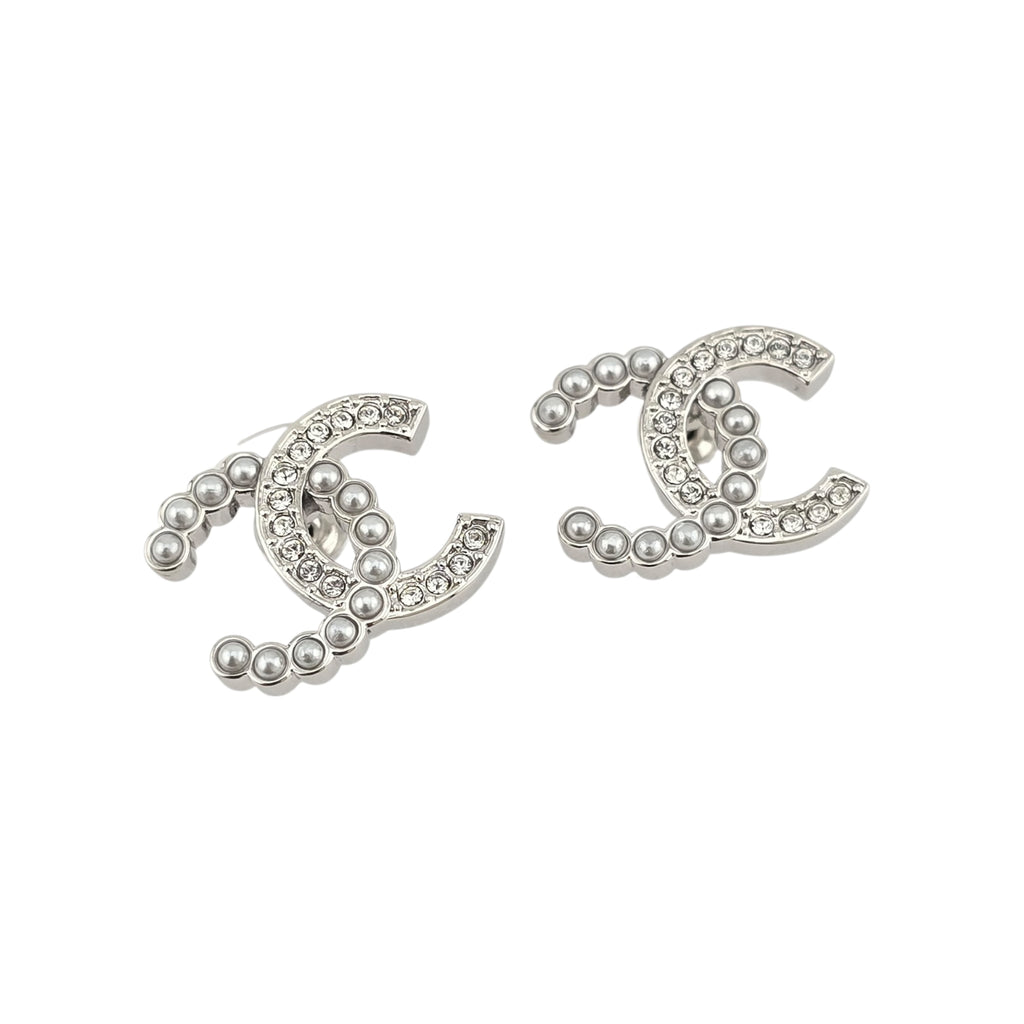 Chanel Pearl Crystal CC Earrings Silver Pearly White