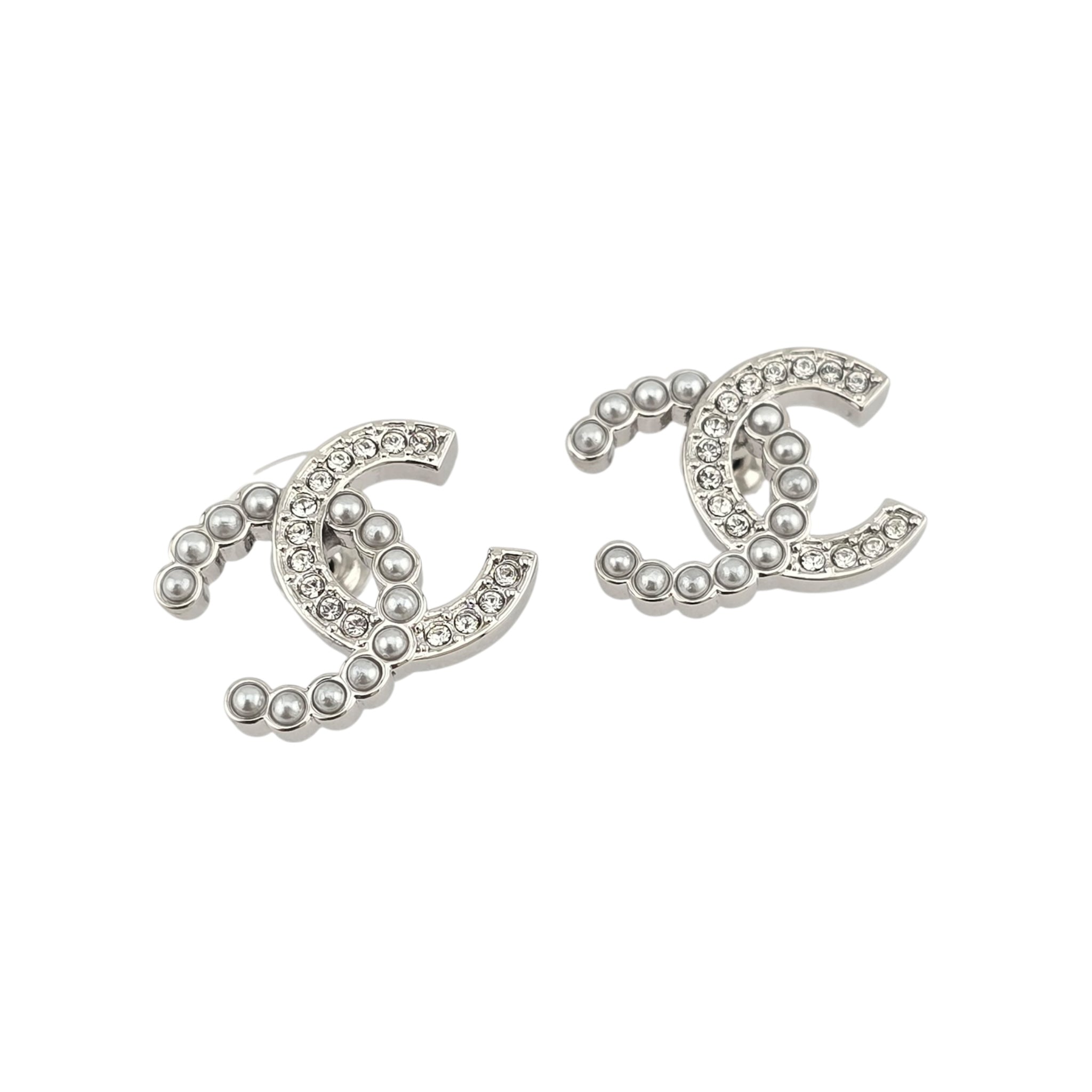 Chanel Pearl Crystal CC Earrings Silver Pearly White