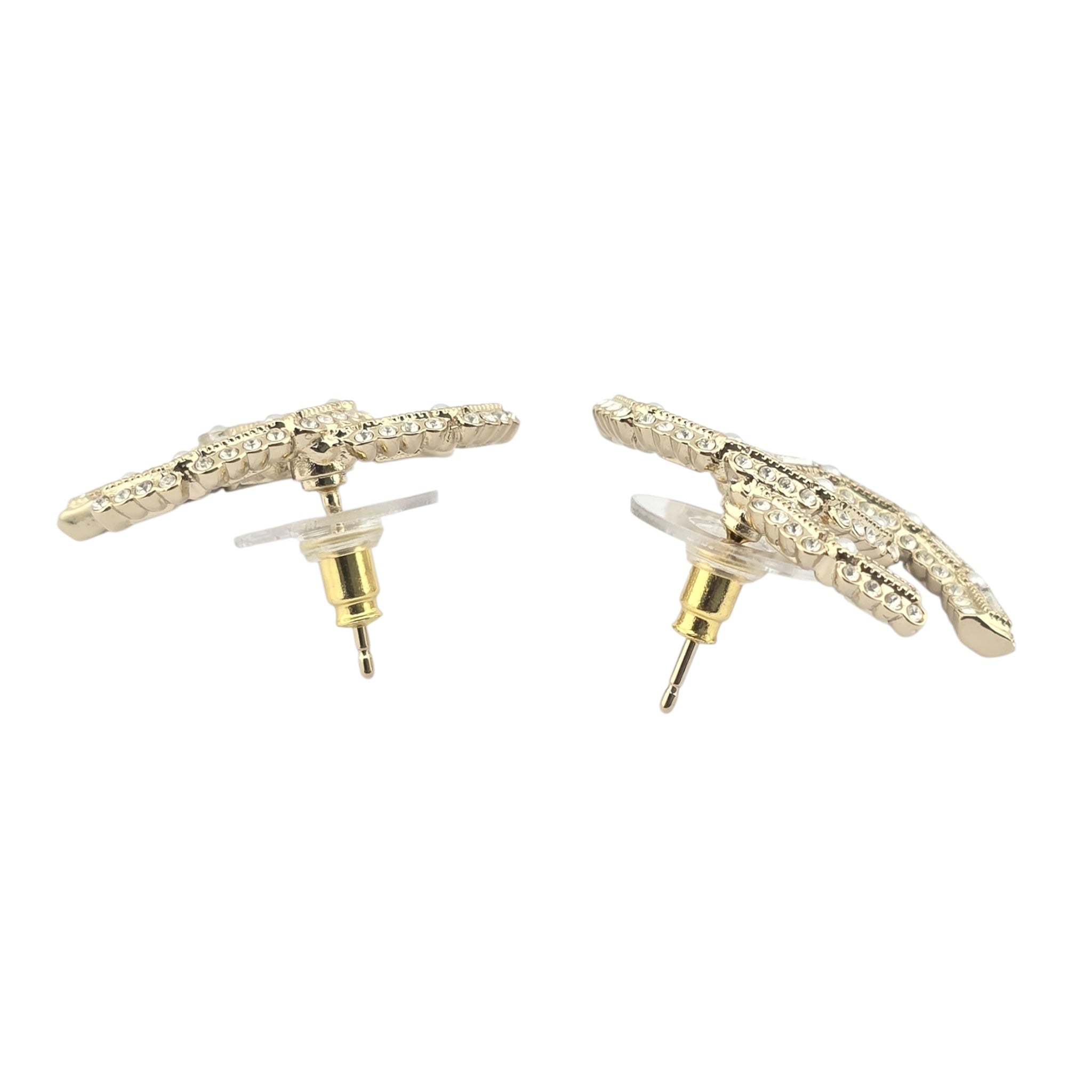 Crystal Baguette Pearl CC Earrings Gold Pearly White