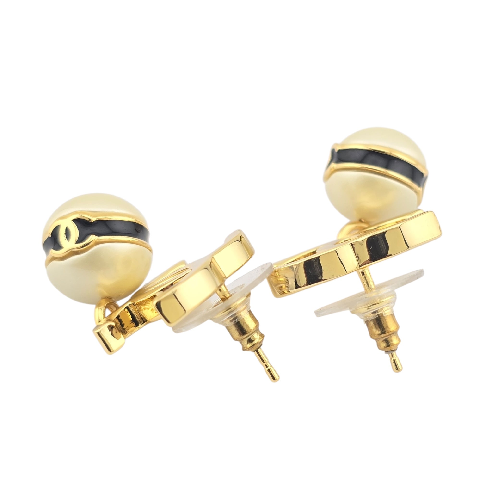 Chanel CC Pearl Drop Earrings Gold Black 2024