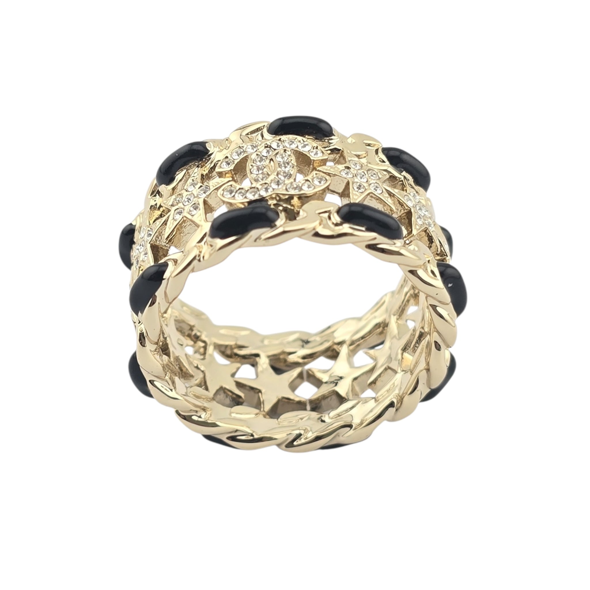 Chanel Metal Crystal Star CC Ring Gold Black 2023