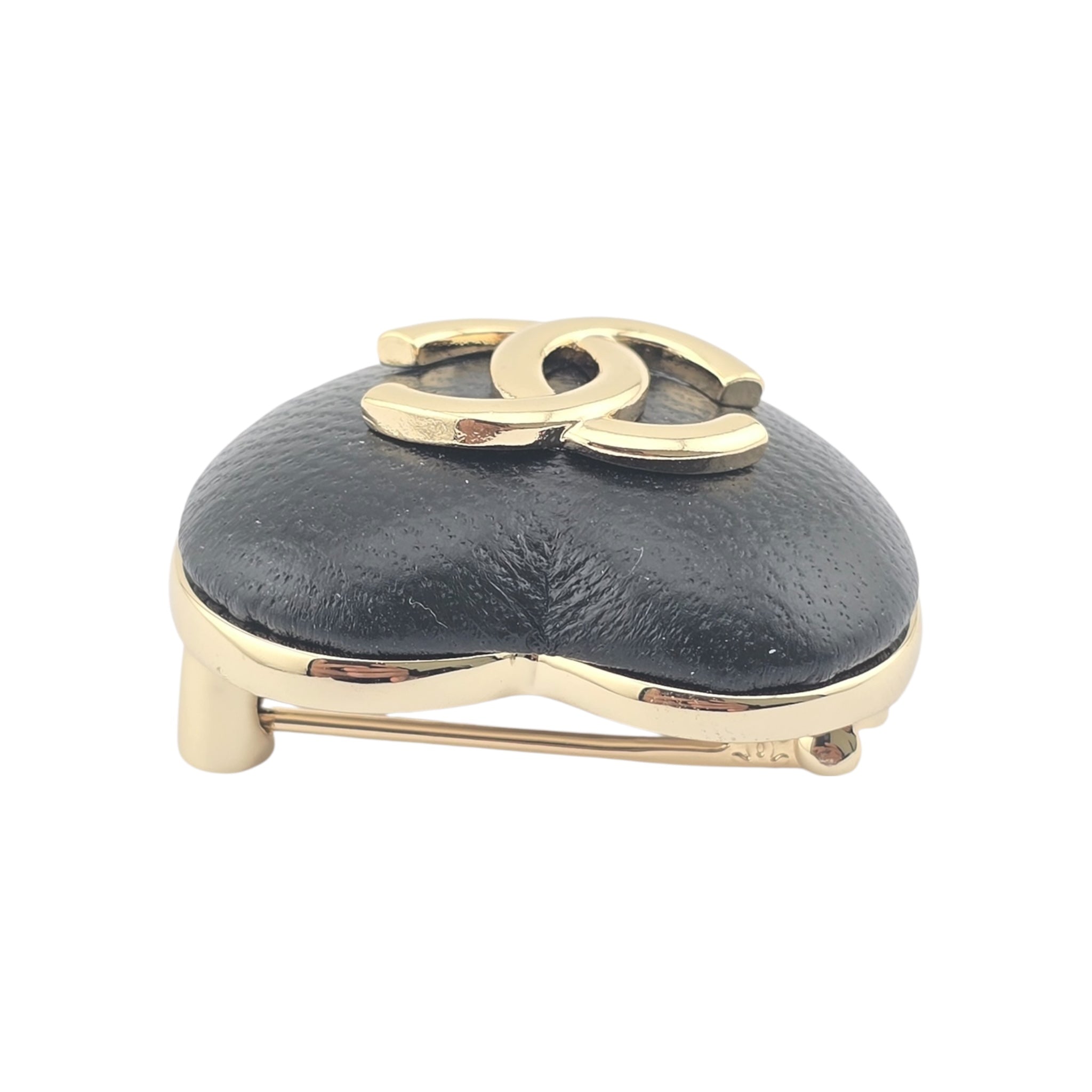 Chanel Lambskin CC Heart Brooch Black Gold B22