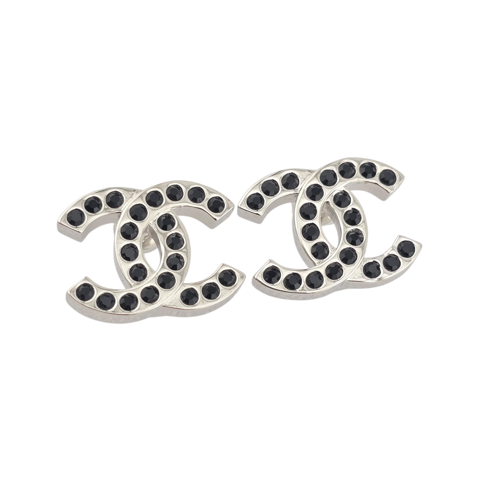 Chanel CC Silver Black Crystal Stud Earrings 2025
