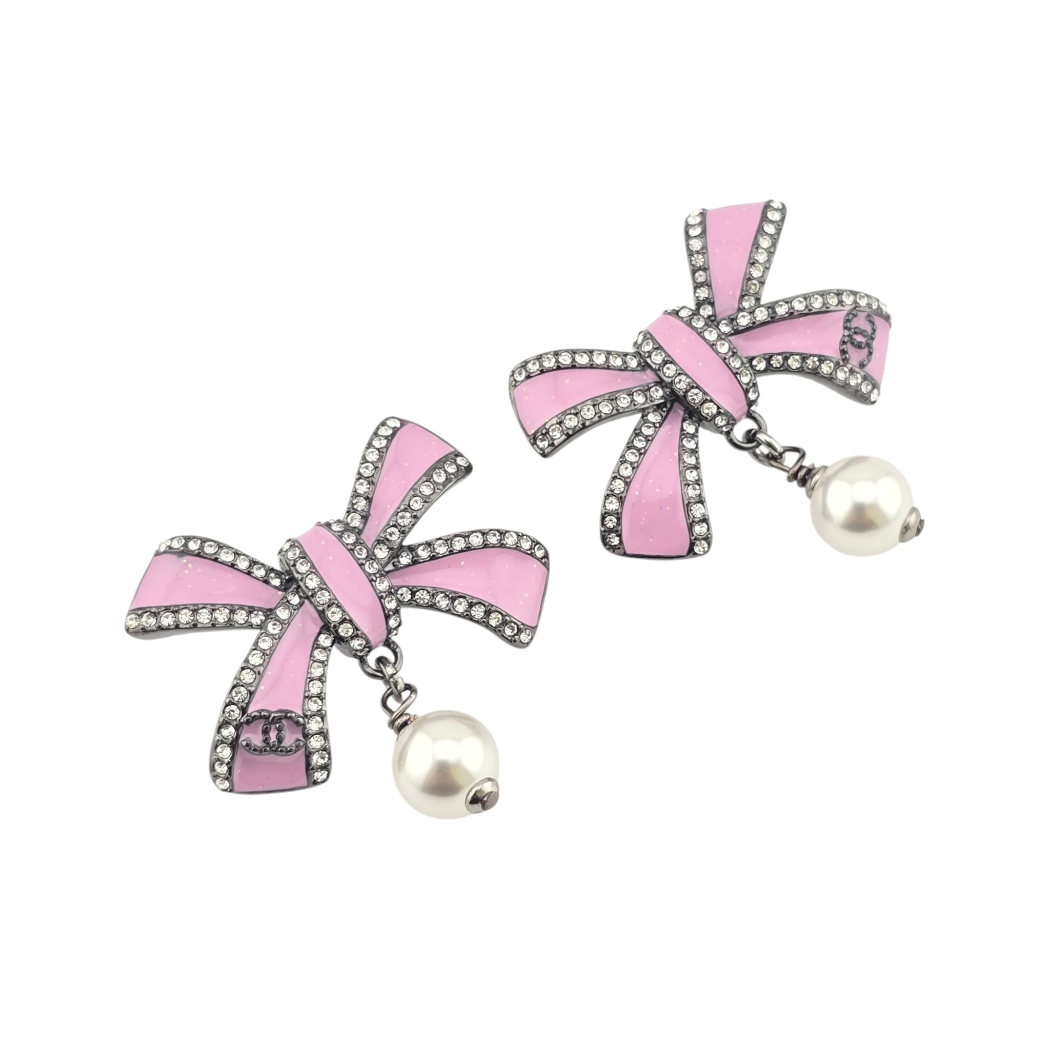 Chanel CC Silver Crystal Enamel Bow Earrings 2025