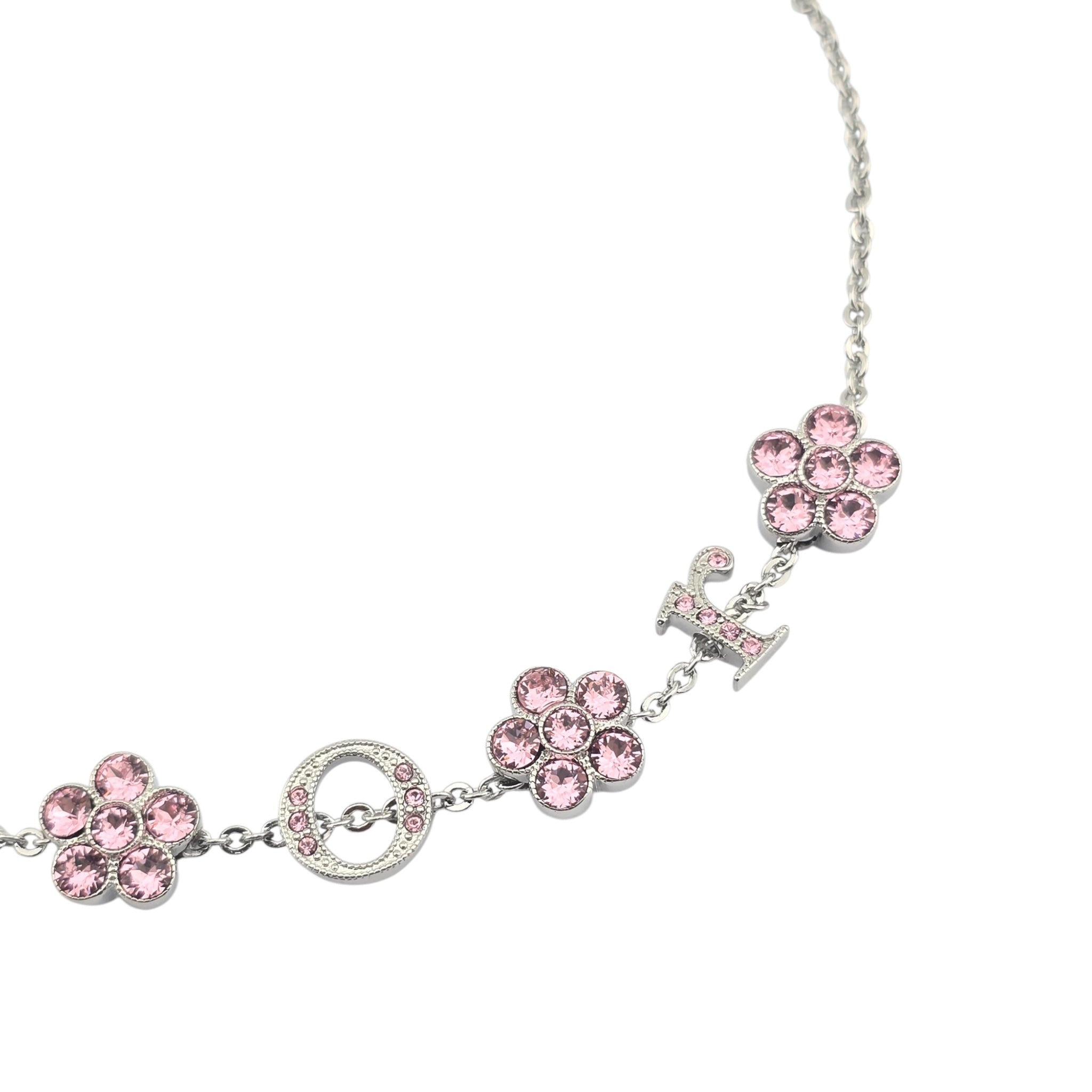 Christian Dior Crystal Flower Silver Pink Choker Necklace DIOR