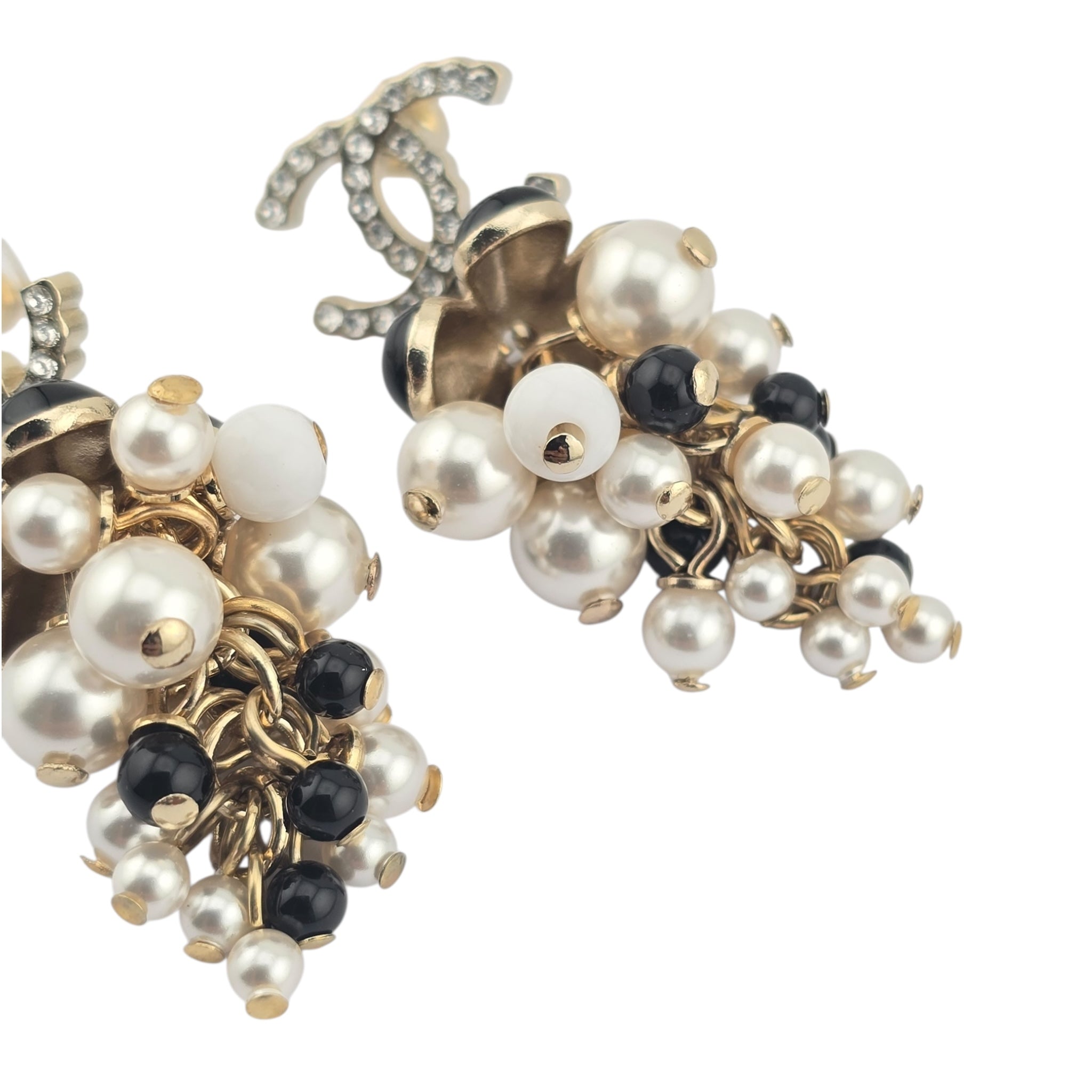 Chanel CC Faux Pearl White Black Gold Earrings CHANEL
