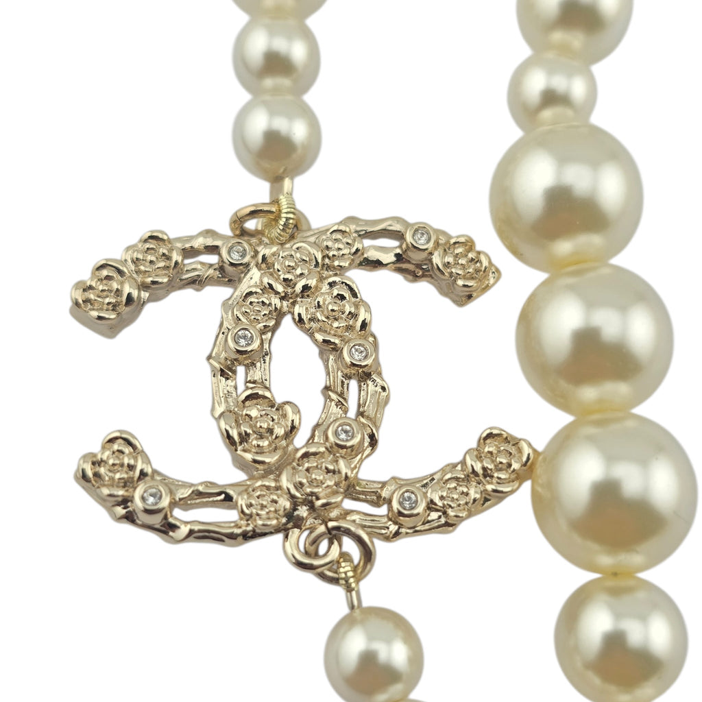 Chanel CC Faux Pearl Crystal Long Floral Necklace 2021 CHANEL