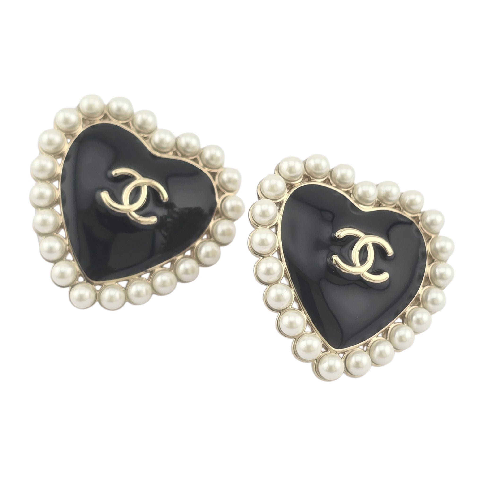 Chanel CC Black Gold Heart Faux Pearl Earrings 2025 CHANEL