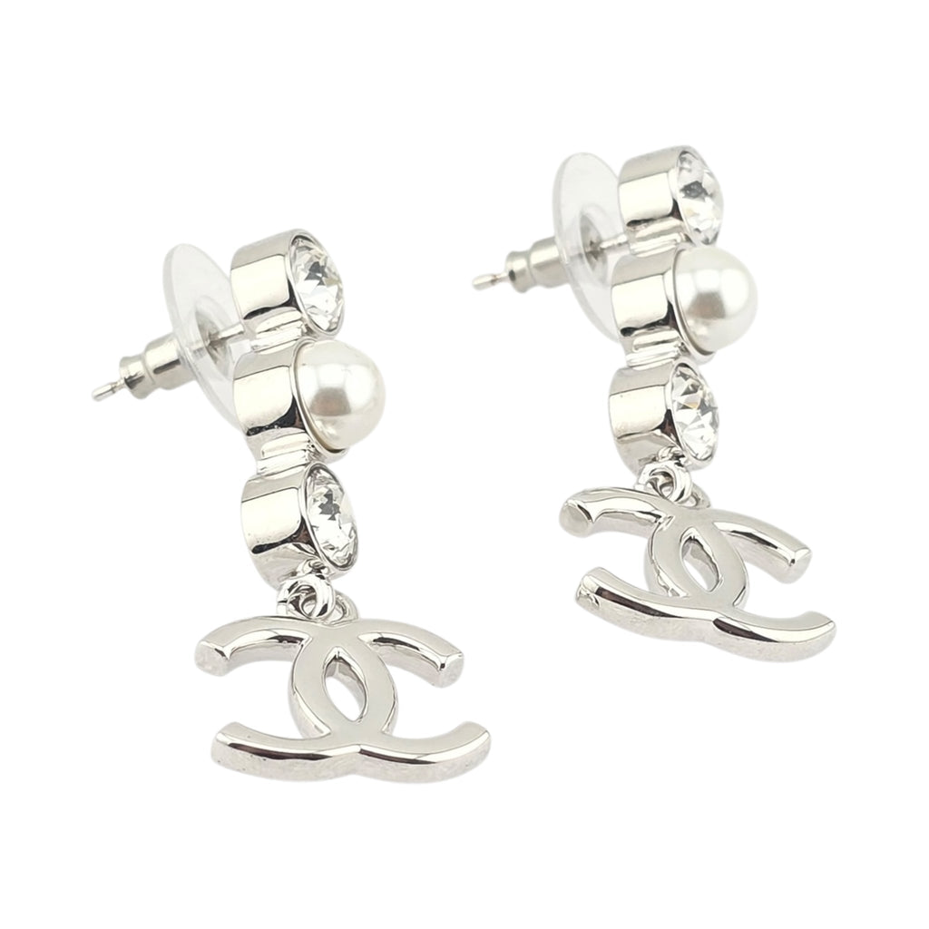 Chanel CC Silver Crystal Pearl Earrings 2025 CHANEL