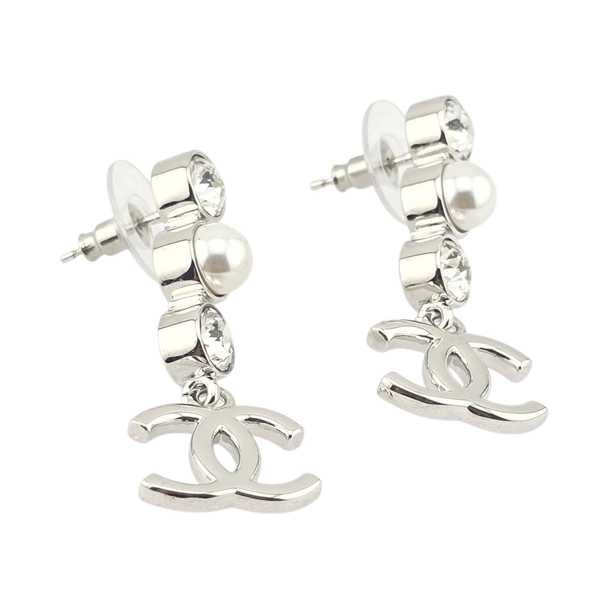 Chanel CC Silver Crystal Pearl Earrings 2025 CHANEL