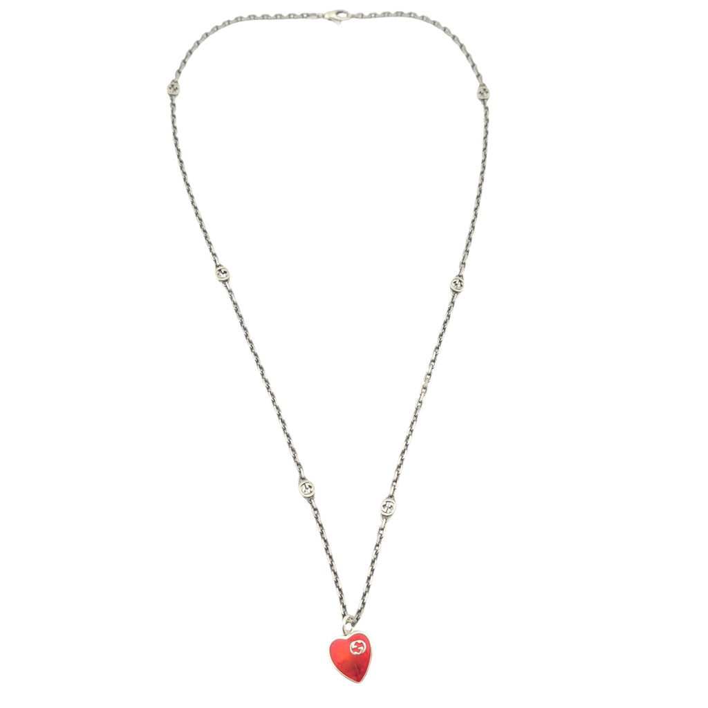 GUCCI Interlocking G Red Heart Silver Necklace GUCCI