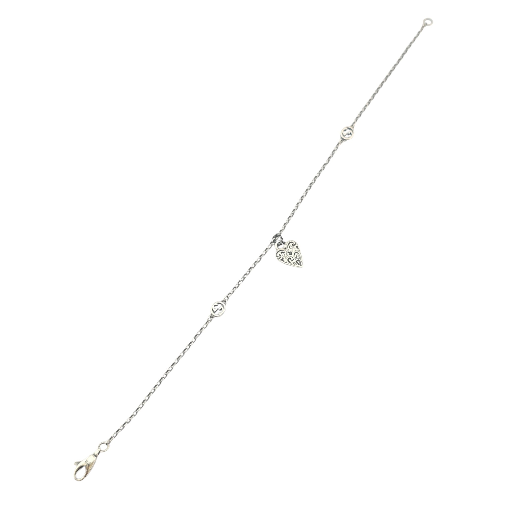 GUCCI GG Engraved Heart Charm Sterling Silver Bracelet GUCCI