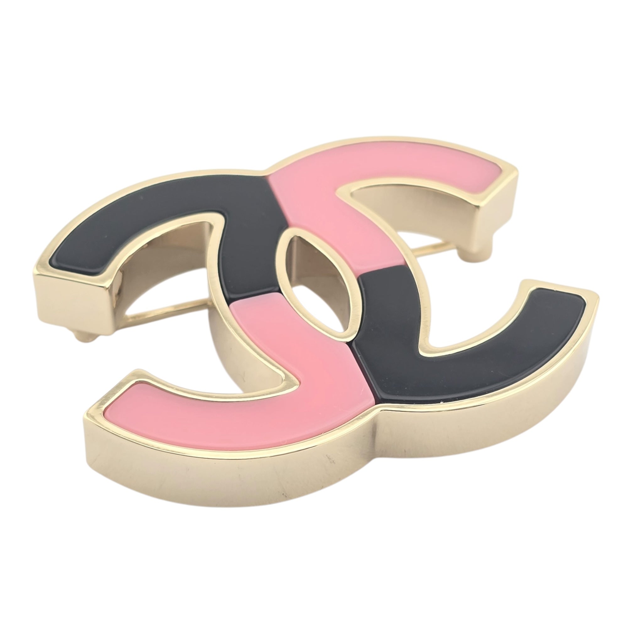 Chanel CC Pink Black Resin Gold Brooch 2023 CHANEL