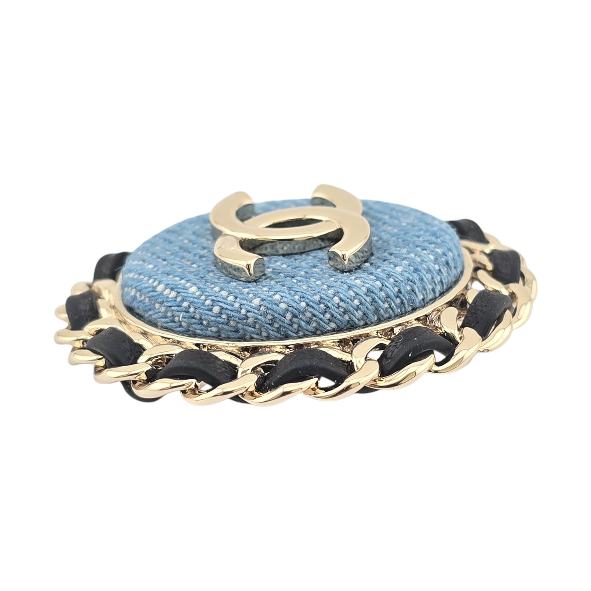 Chanel CC Denim Oval Brooch Blue Gold 2025 CHANEL