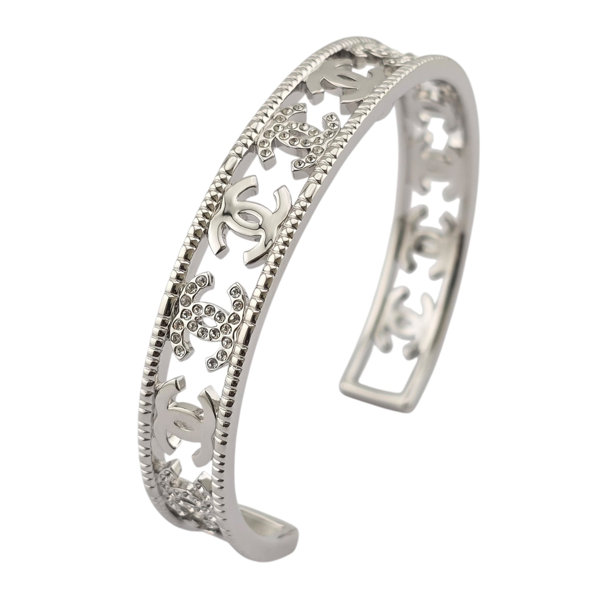 Chanel Crystal CC Silver Cuff Bracelet 2022 CHANEL